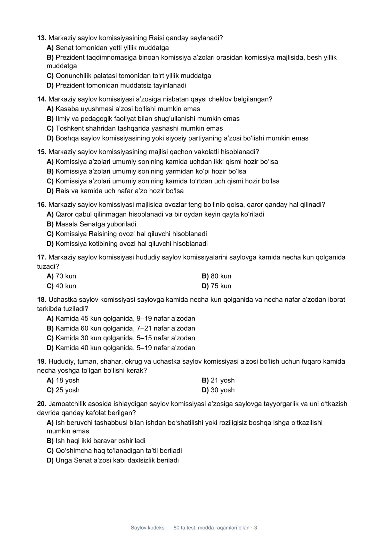 Saylov kodeksi — 80 ta test, modda raqamlari bilan 3