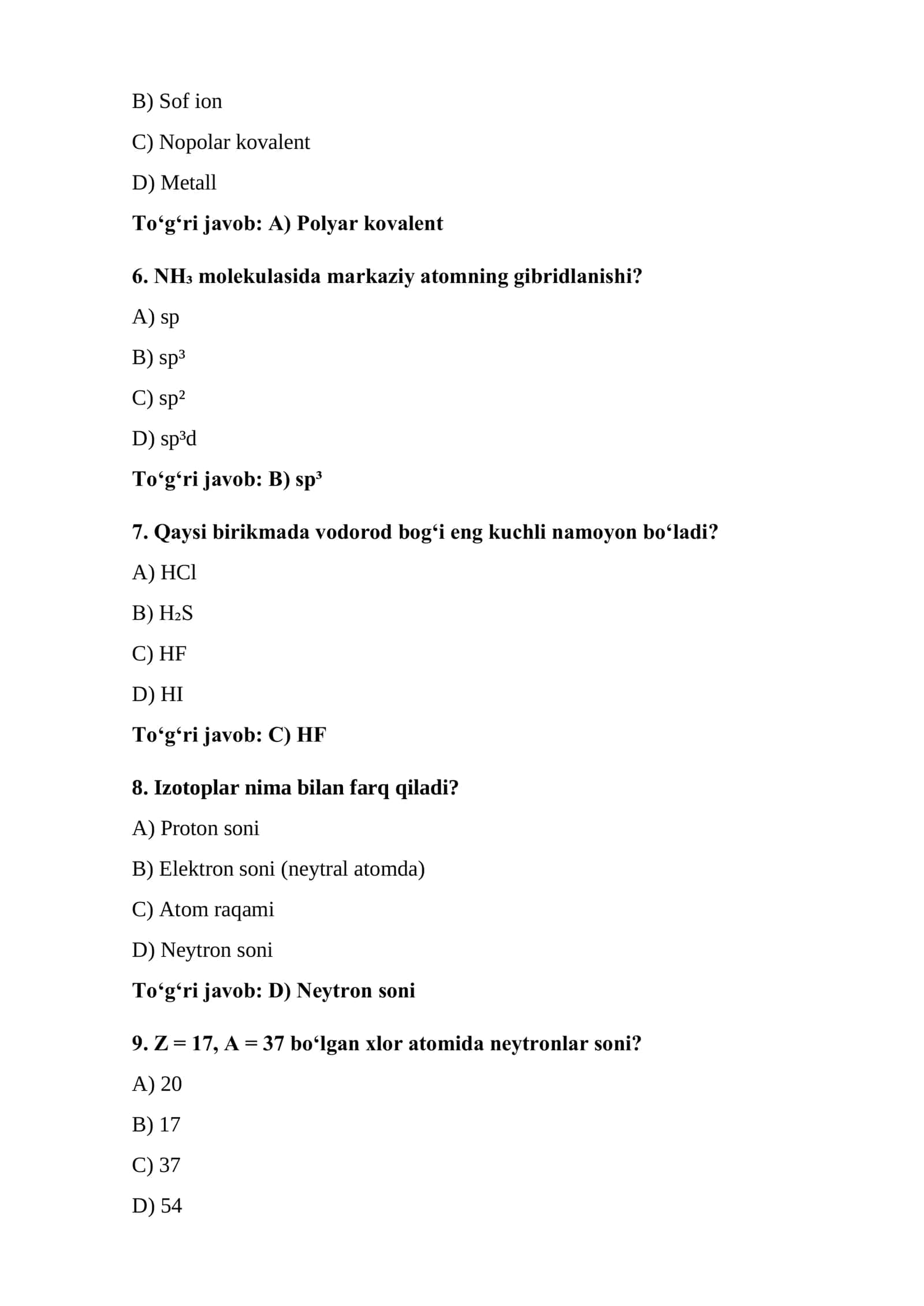 Kimyo fanidan milliy sertifikat tayyorgarlik uchun testlar to'plami, savollar va javoblar 3