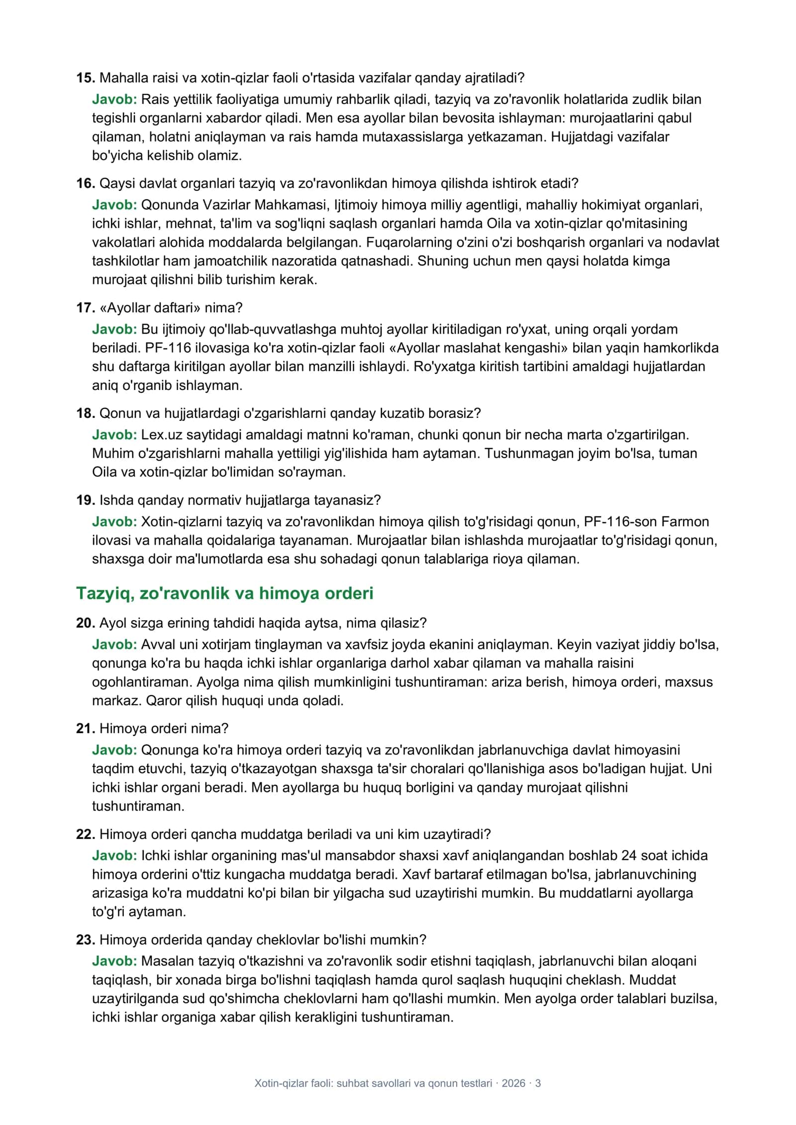 Xotin-qizlar faoli: suhbat savollari va qonun testlari 3
