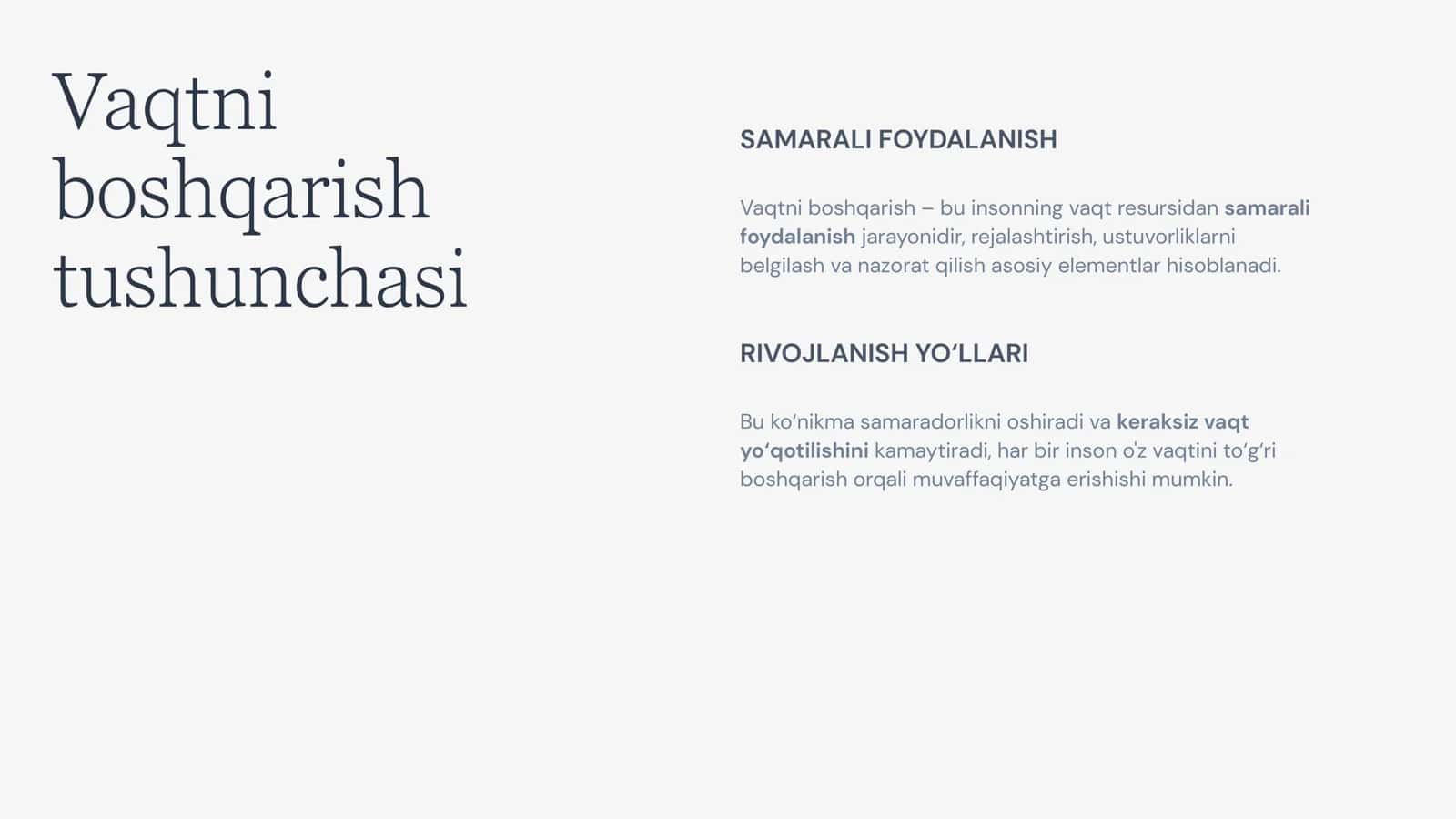 Vaqtni boshqarish (Time Management) ko'nikmasi va rivojlantirish yo'llari bo'yicha prezentatsiya 3