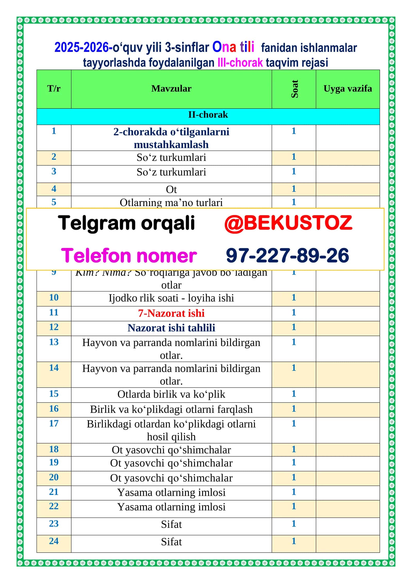 2025-2026-o‘quv yili 3-sinflar Ona tili fanidan ishlanmalar tayyorlashda foydalanilgan III-chorak taqvim rejasi 3