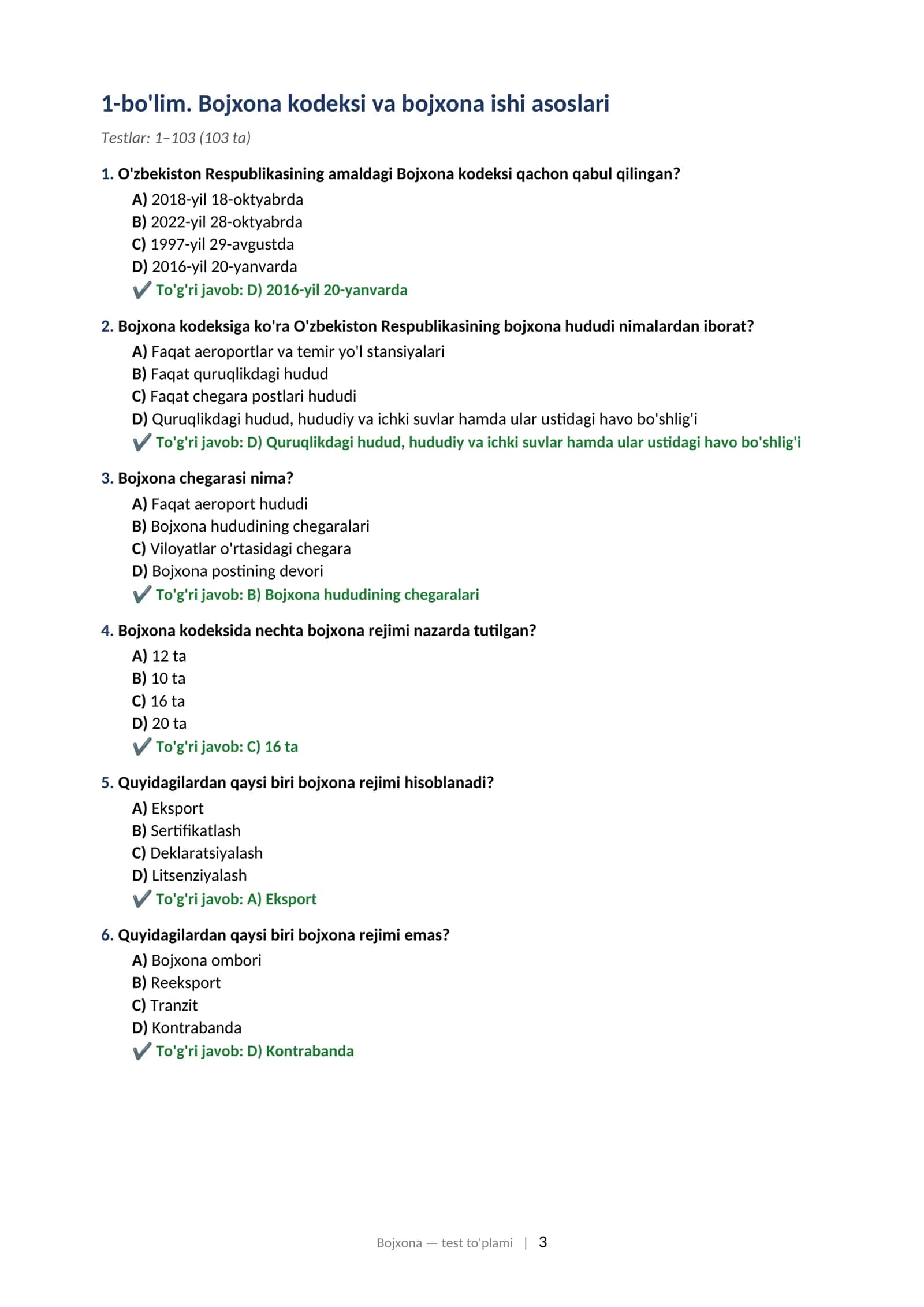 Bojxona organlariga ishga kirish uchun savol javoblar test savollari shaklida (770 ta) 2026 3