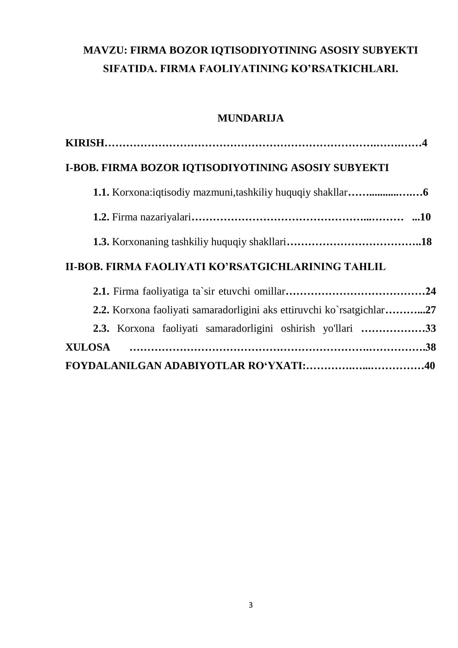 FIRMA BOZOR IQTISODIYOTINING ASOSIY SUBYEKTI SIFATIDA. FIRMA FAOLIYATINING KO’RSATKICHLARI 3