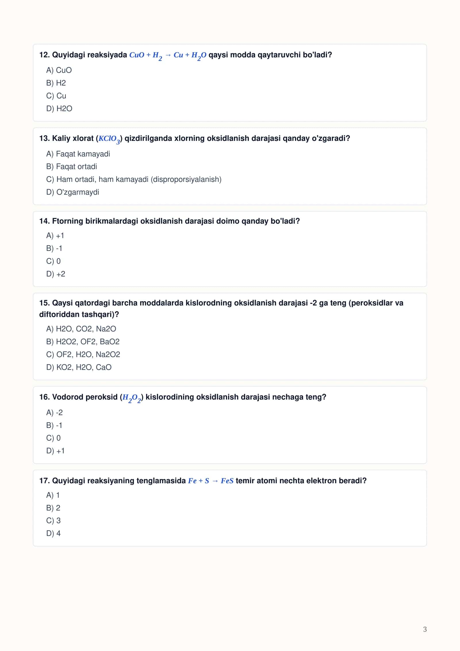 Oksidlanish-Qaytarilish Reaksiyalari Test Savollari 3
