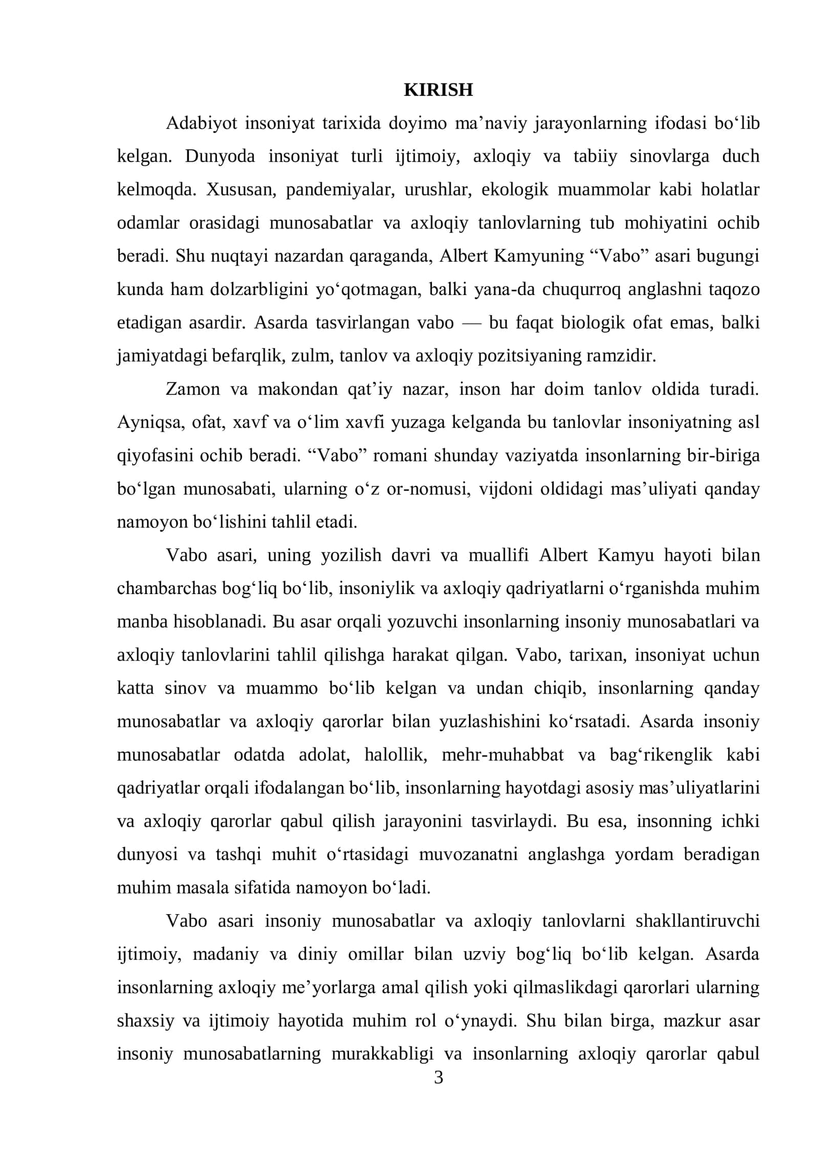 Albert Kamyuning “Vabo” asaridagi insoniy munosabatlar va axloqiy tanlovlar KURS ISHI 3