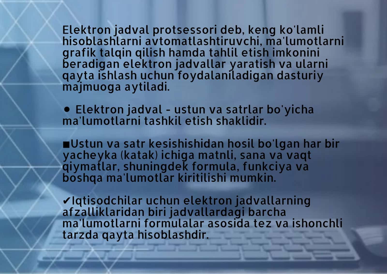 Elektron jadval protsessorlari va ularning imkoniyatlari. Funkciyalar, formulalar, ma'lumotlarni saralash va ﬁltrlash 3