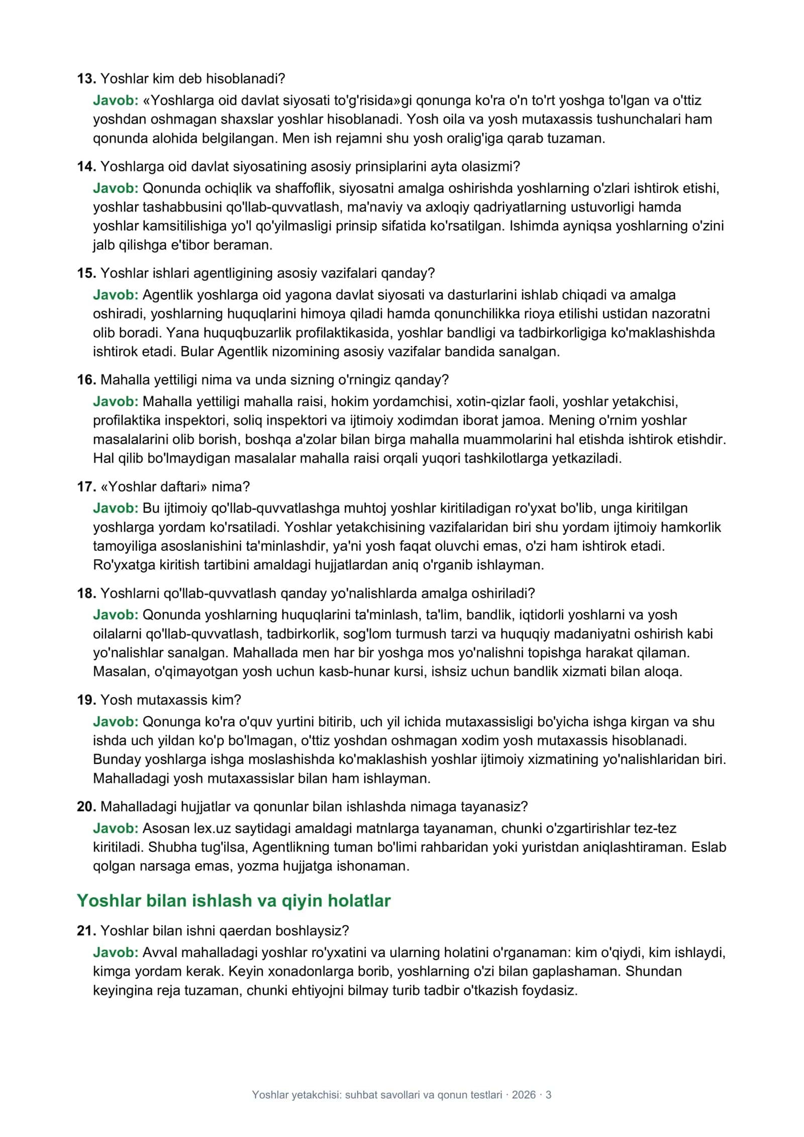 Yoshlar yetakchisi: suhbat savollari va javoblari 3