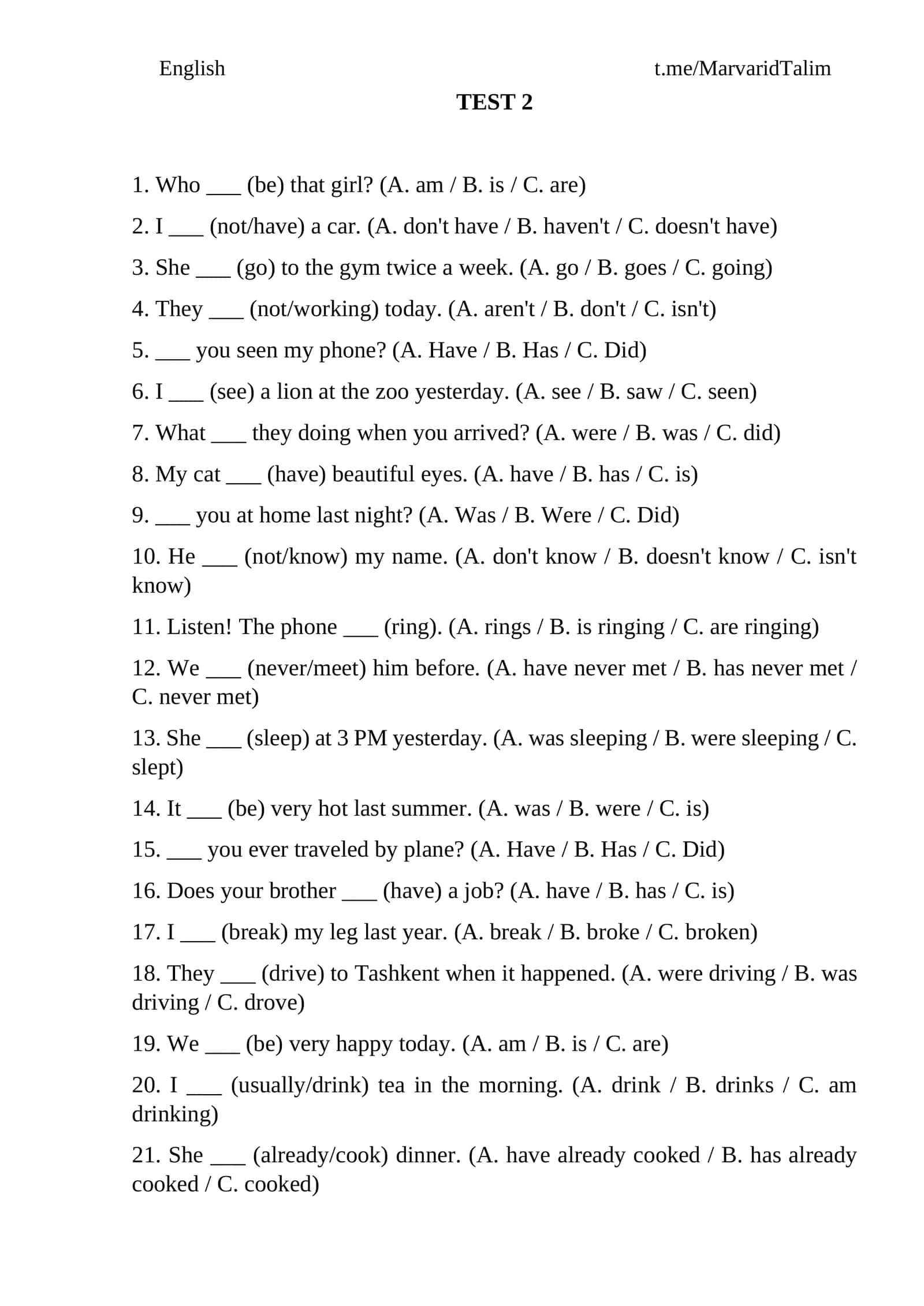 Ingliz tilidan testlar. TEST beginner, elementary Kalitli test 3