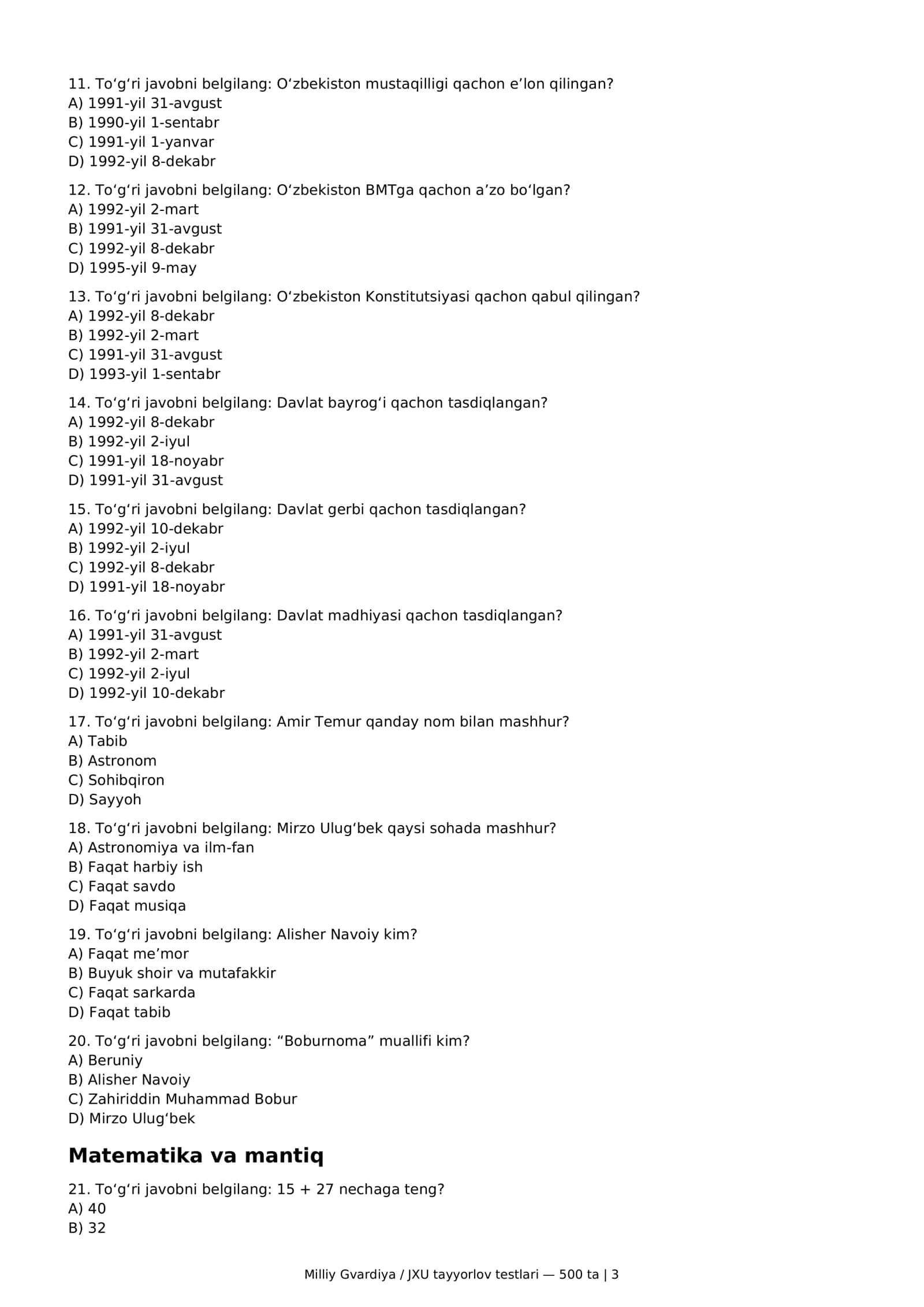 Milliy Gvardiya / JXU tayyorlov testlari 3