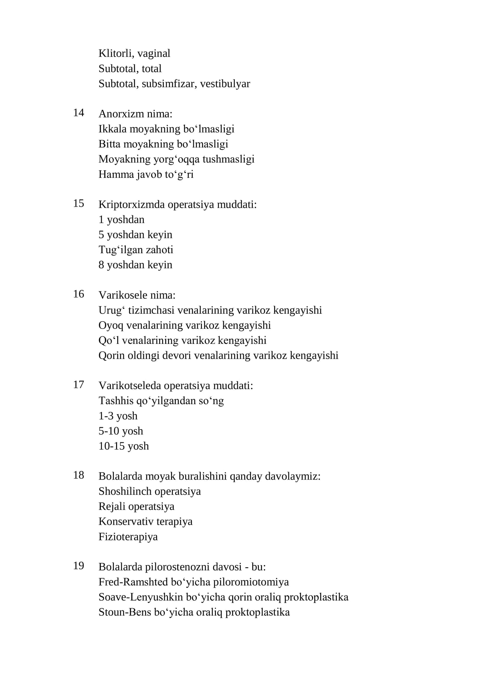 Bolalar xirurgiyasi mutaxassisligi bo’yicha shakllantirilgan test savollari ro’yxati 2026 3