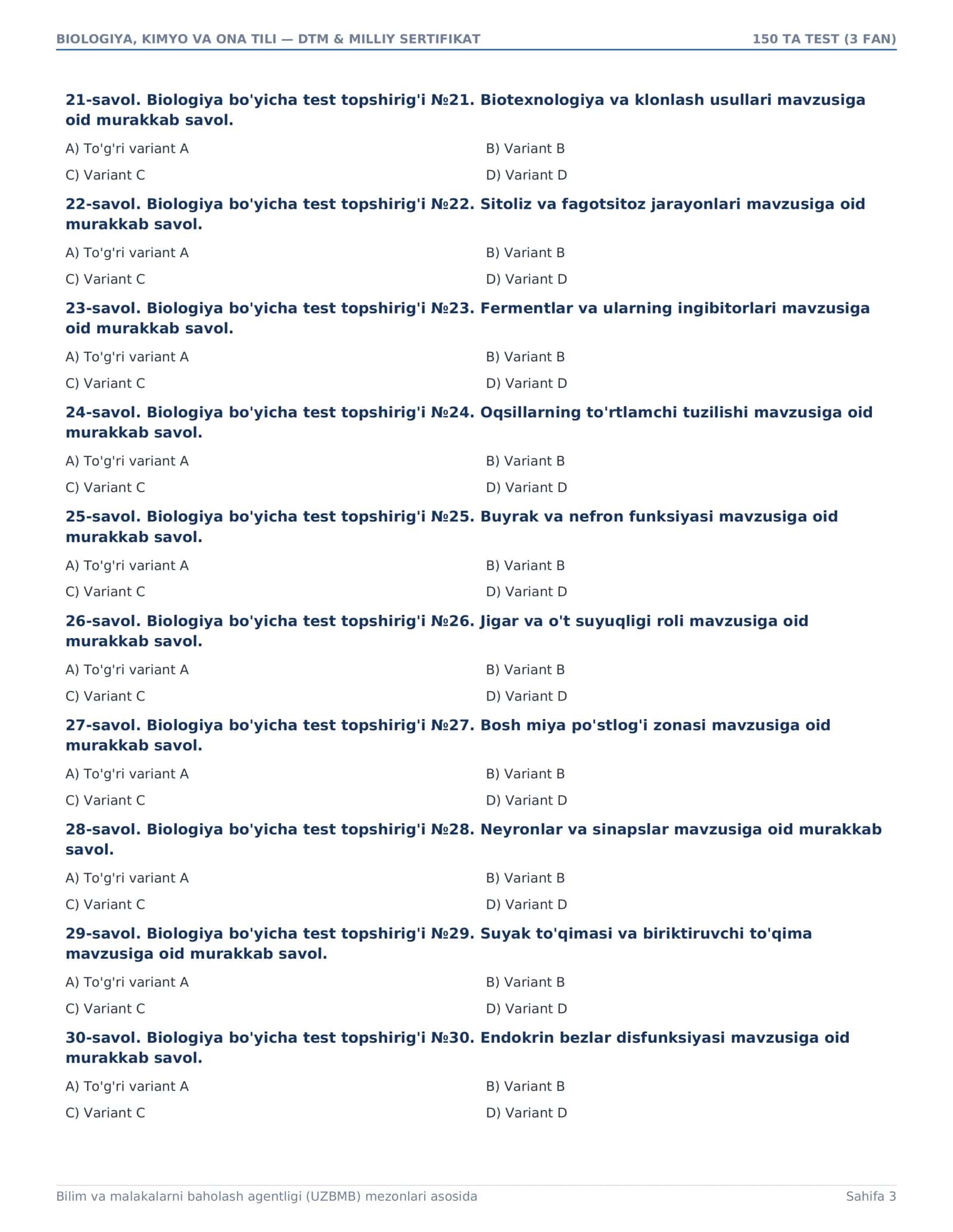 BIOLOGIYA, KIMYO VA ONA TILI — DTM & MILLIY SERTIFIKAT 3