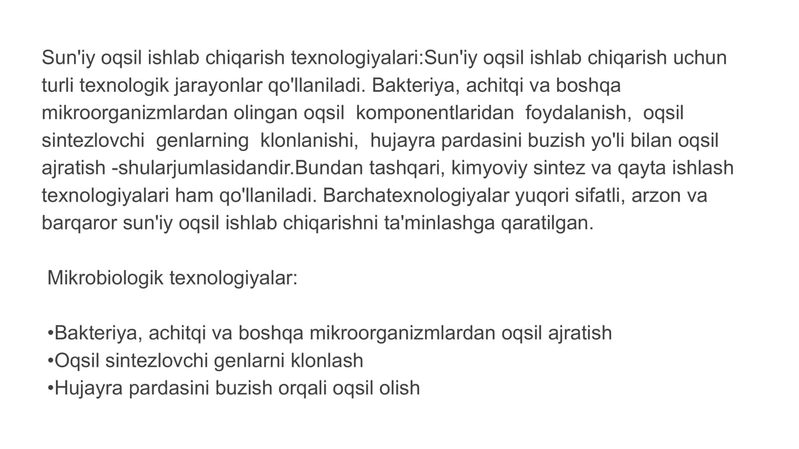 Sun'iy oqsil ozuqa moddalarining ishlab chiqarilishi va kelgusidagi imkoniyatlar 3