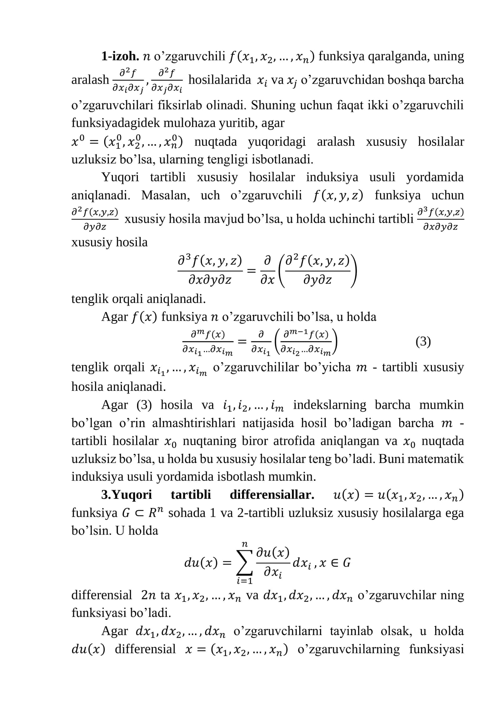 Yuqori tartibli xususiy hosilalar va differensiallar 3