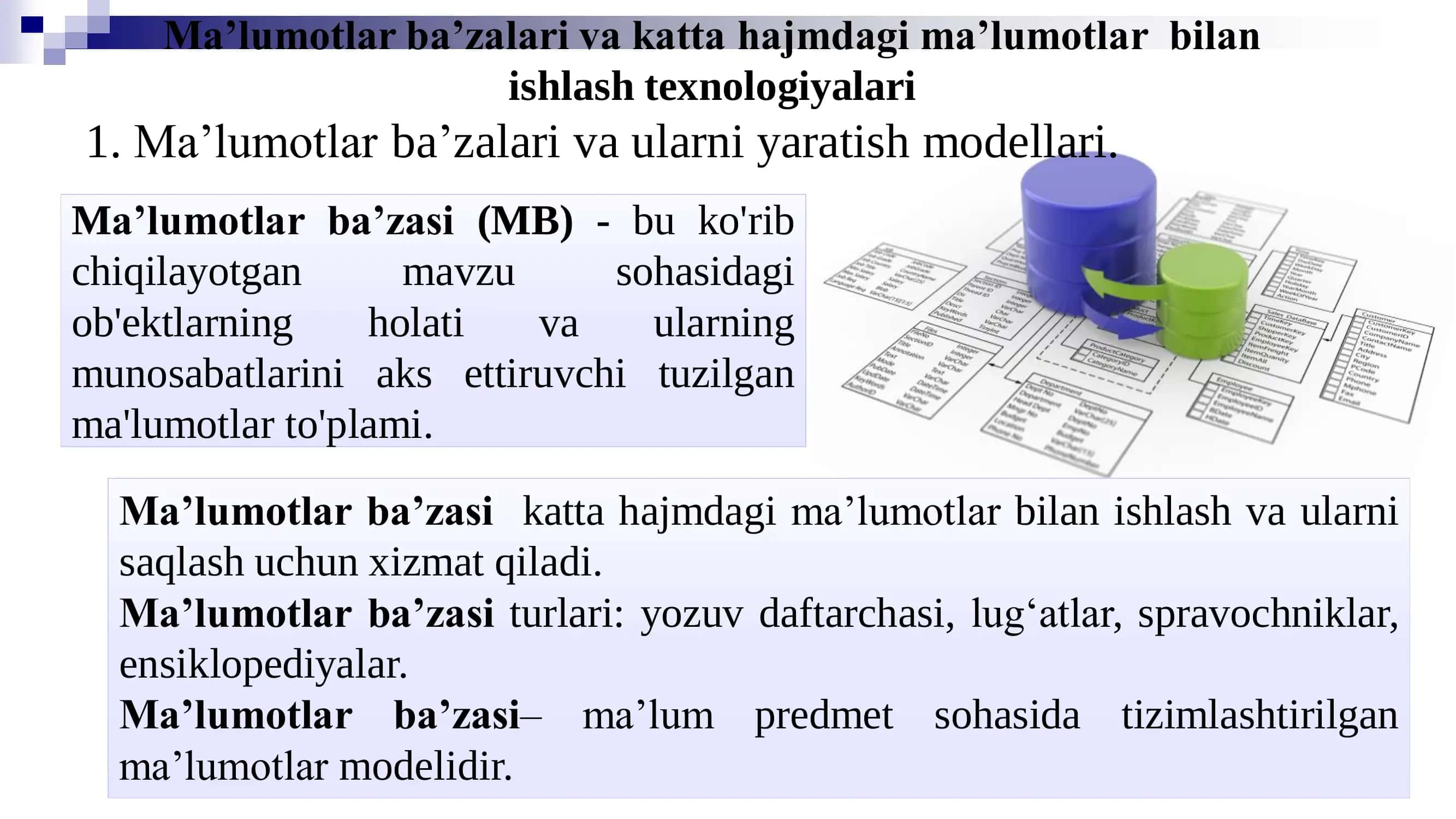 MA’LUMOTLAR BA’ZALARI VA BIG DATA BILAN ISHLASH TEXNOLOGIYALARI 3