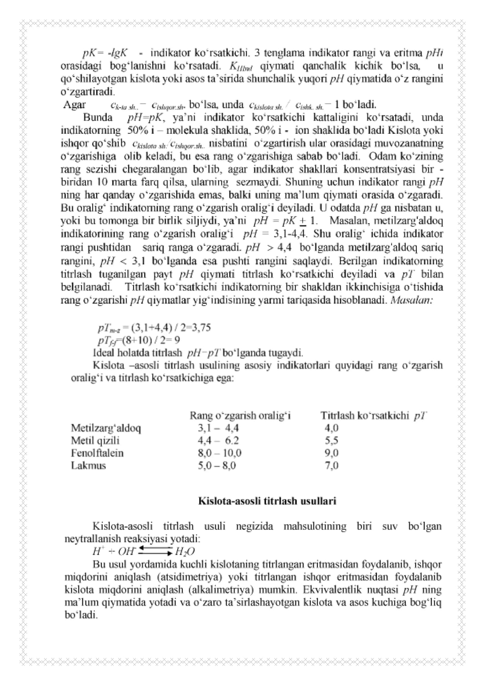 Kislata-asosli titrlash. Kislotani miqdorini kislata-asosli usul bilan aniqlash 3