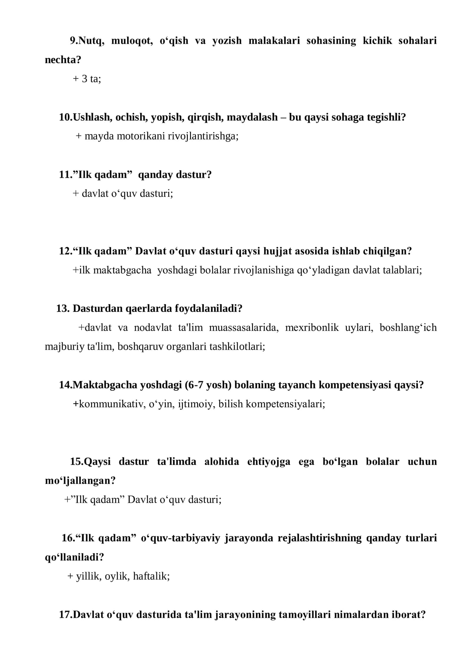 Maktabgacha ta'lim tashkilotlari mutaxassislari uchun test savollari 200- 3