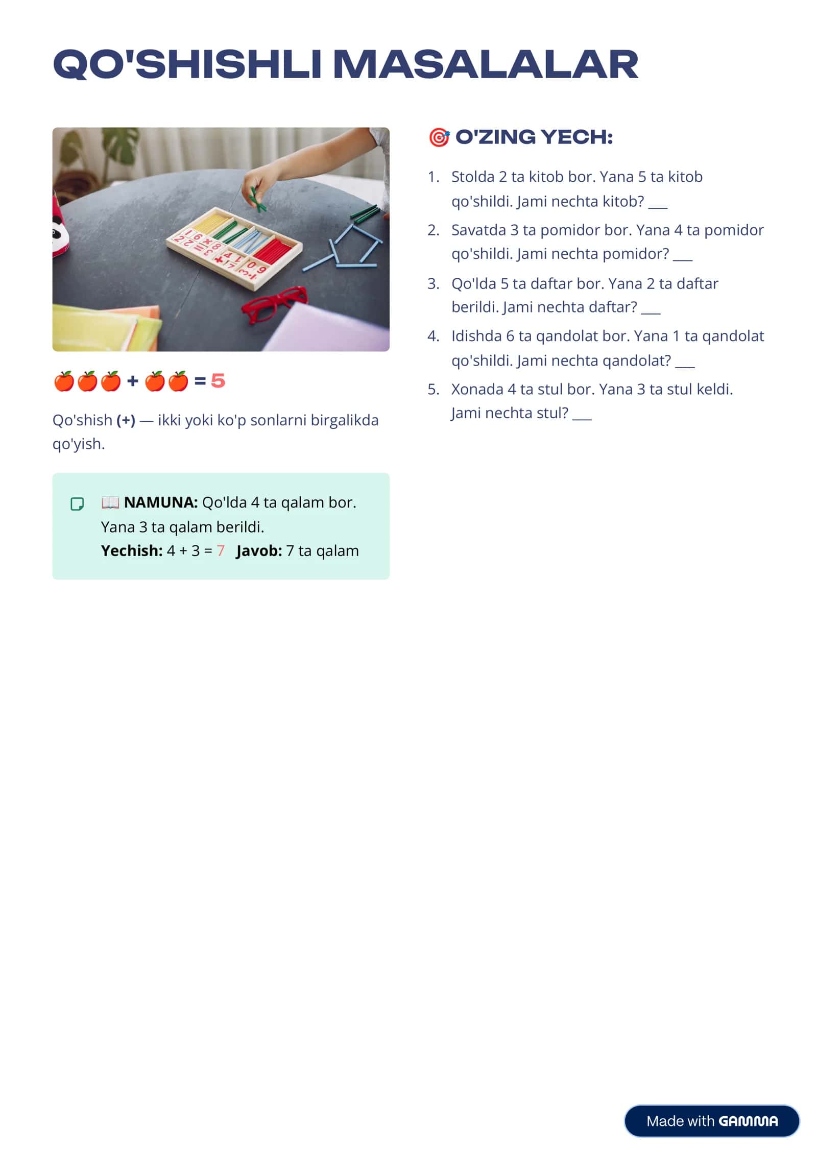 1-sinf uchun “MATEMATIK MASALALAR” mavzusida 3