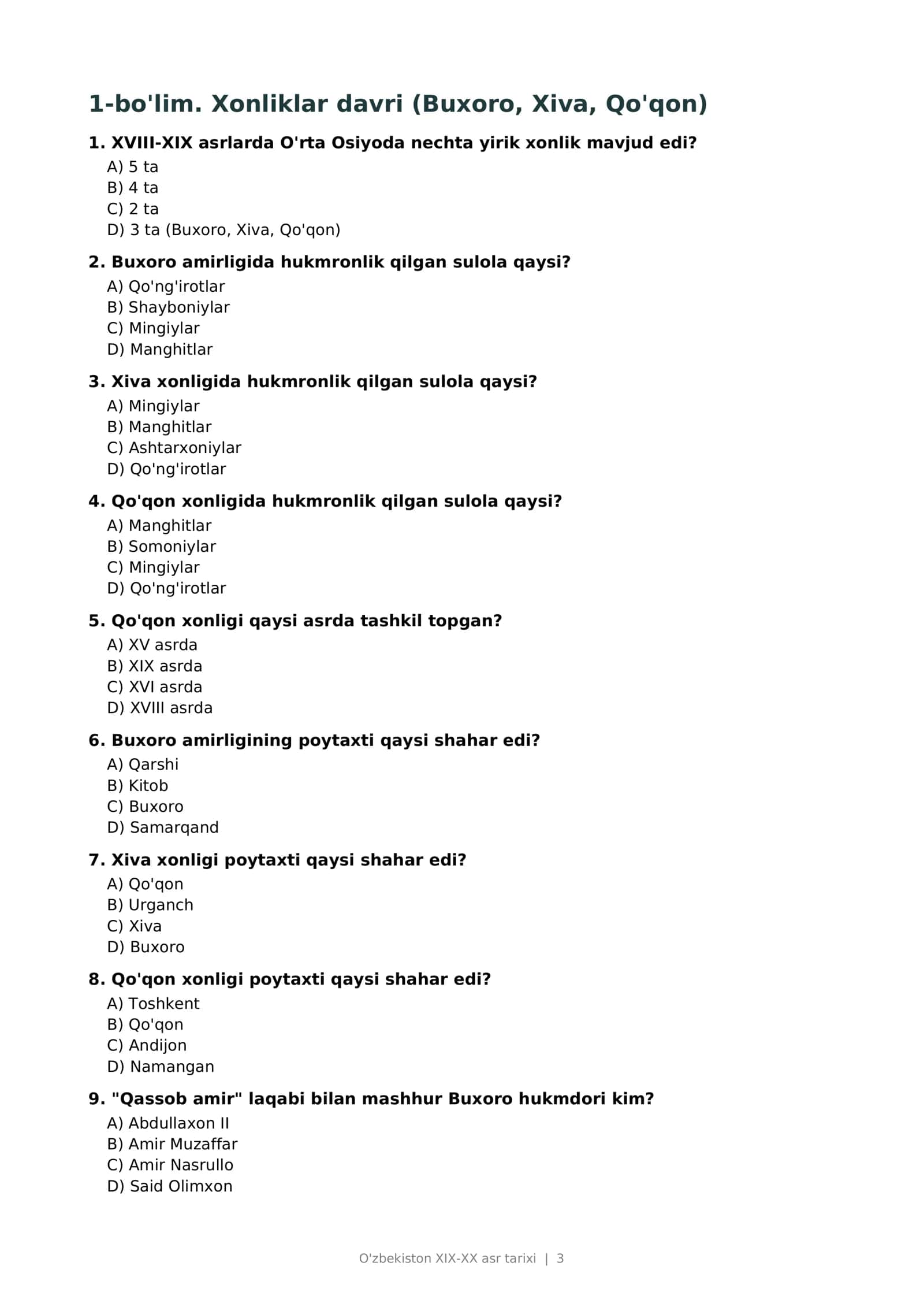 O'zbekiston XIX-XX asr tarixi — 400 ta test tayyor, 53 bet. 3