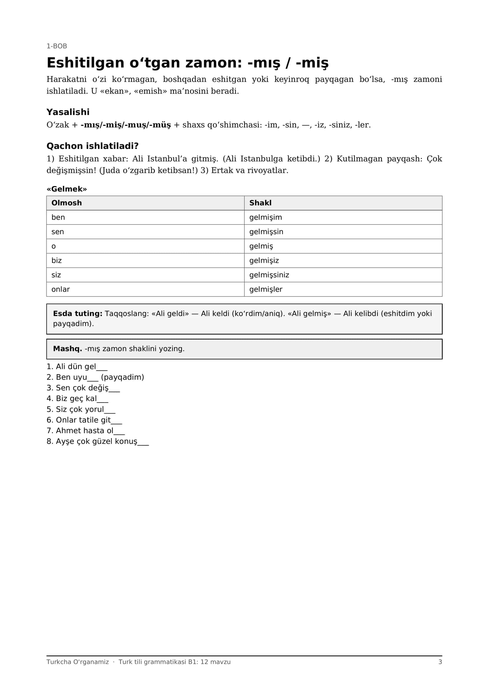 Turk tili grammatikasi B1: 12 mavzu, -miş, shart, sifatdosh, ravishdosh + mashqlar (PDF) 3