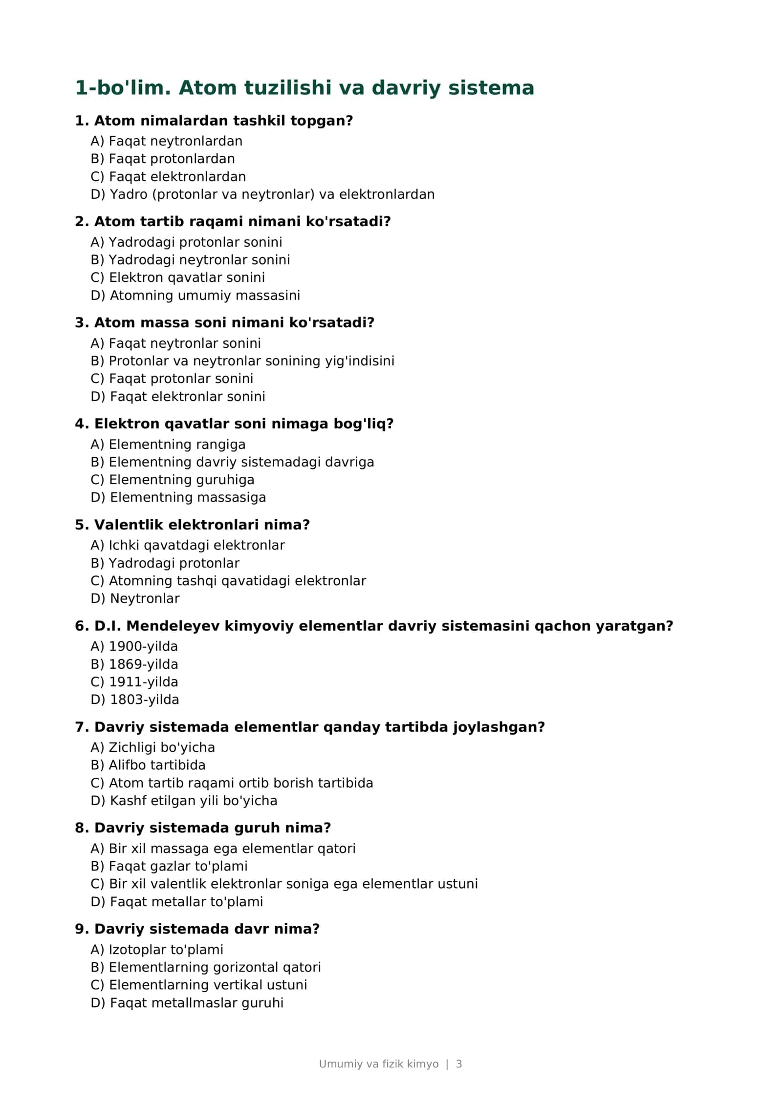 Umumiy va fizik kimyo oltin testlar to'plami 3