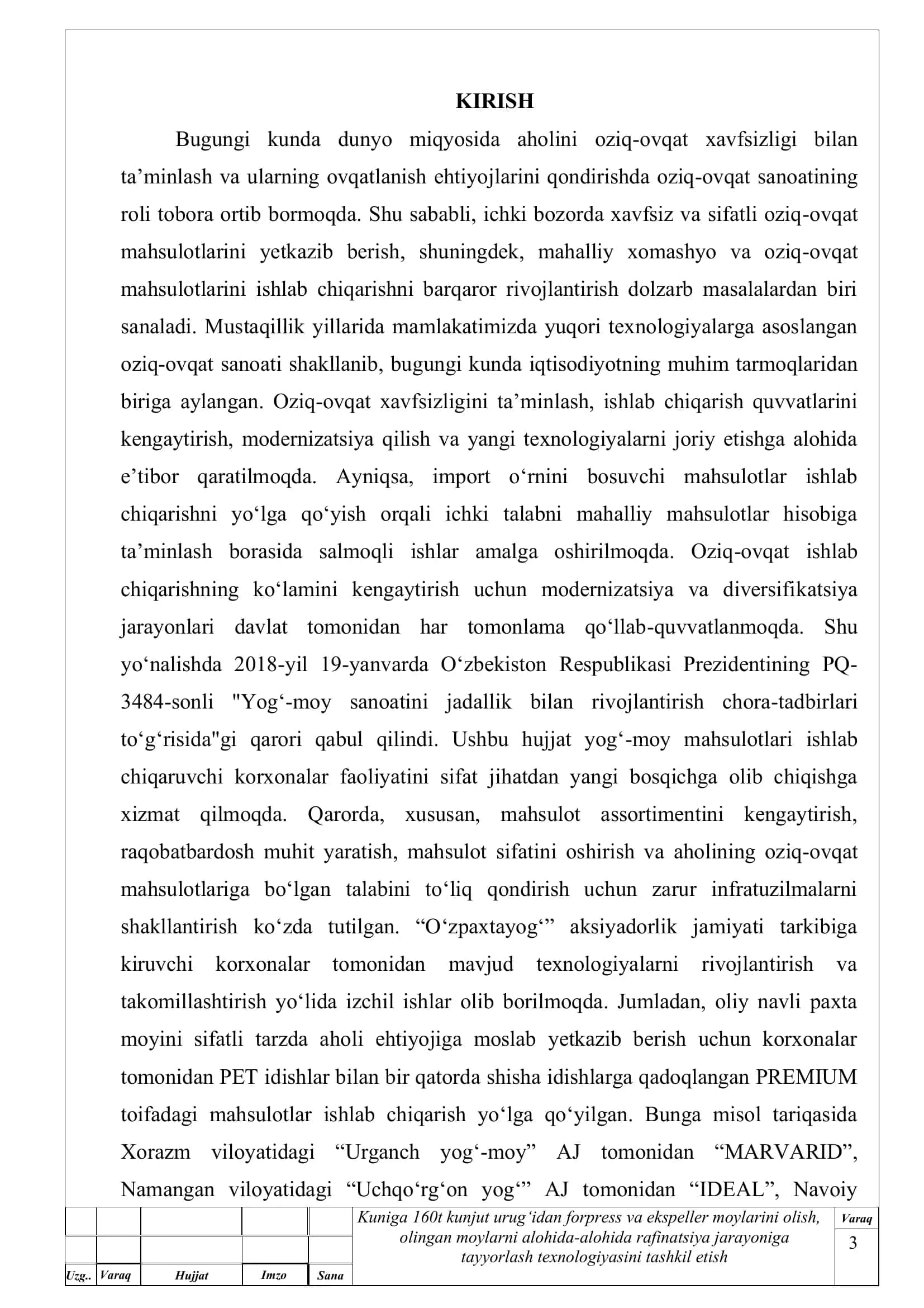 Bitiruv ishi mavzusi: “Sutkasiga 160 t kunjut urug’idan forpress va ekspeller moylarini olish , olingan moylarni alohida-alohida rafinatsiya jarayoniga tayyorlash texnologiyasini tashkil etish 3