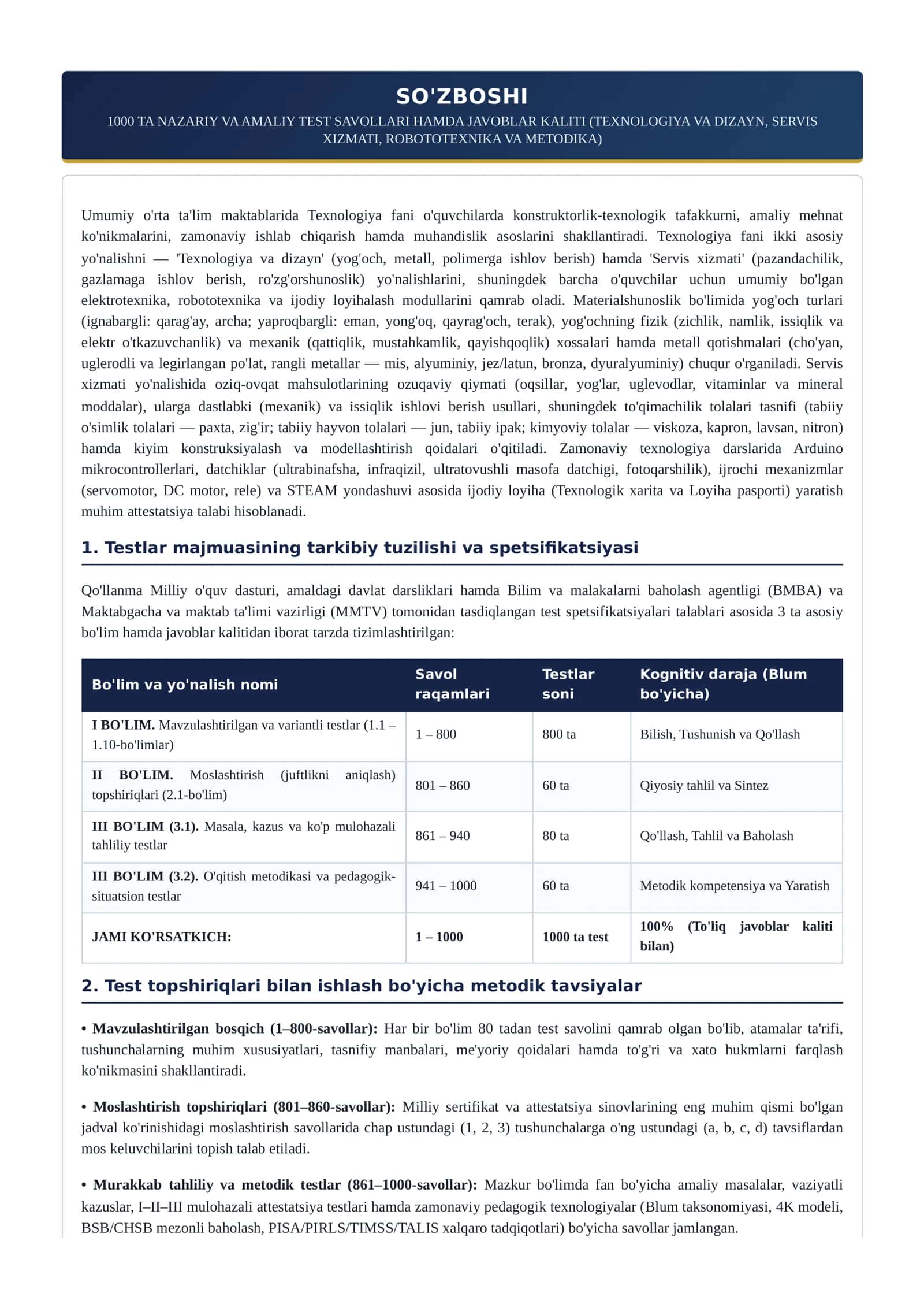 TEXNOLOGIYA FANI: MILLIY SERTIFIKAT VA ATTESTATSIYA TESTLARI 1000 TA JAVOBLARI BILAN. 2026 3