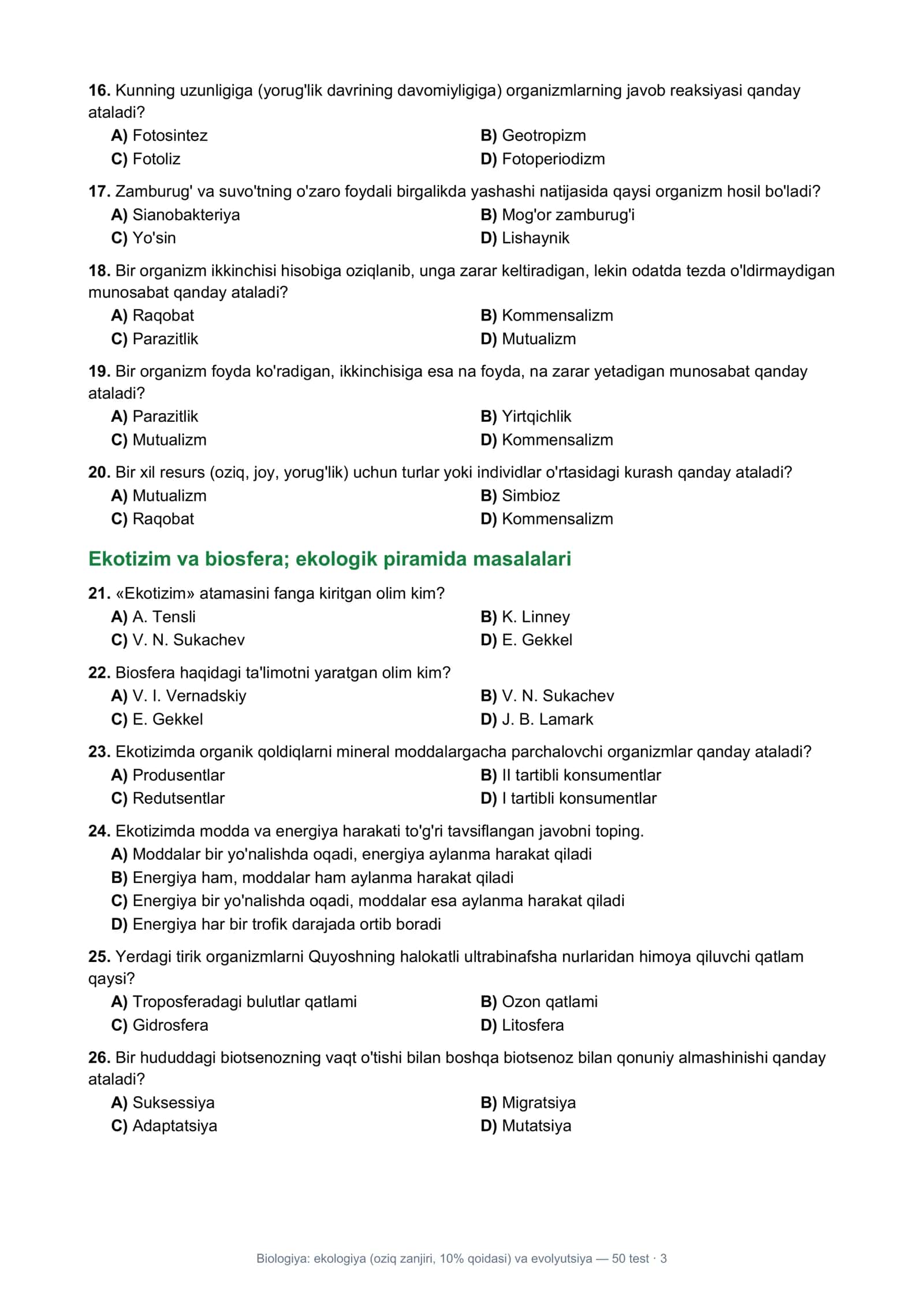 Biologiya: Ekologiya (oziq zanjiri, 10% qoidasi) va evolyutsiya — 50 test 3