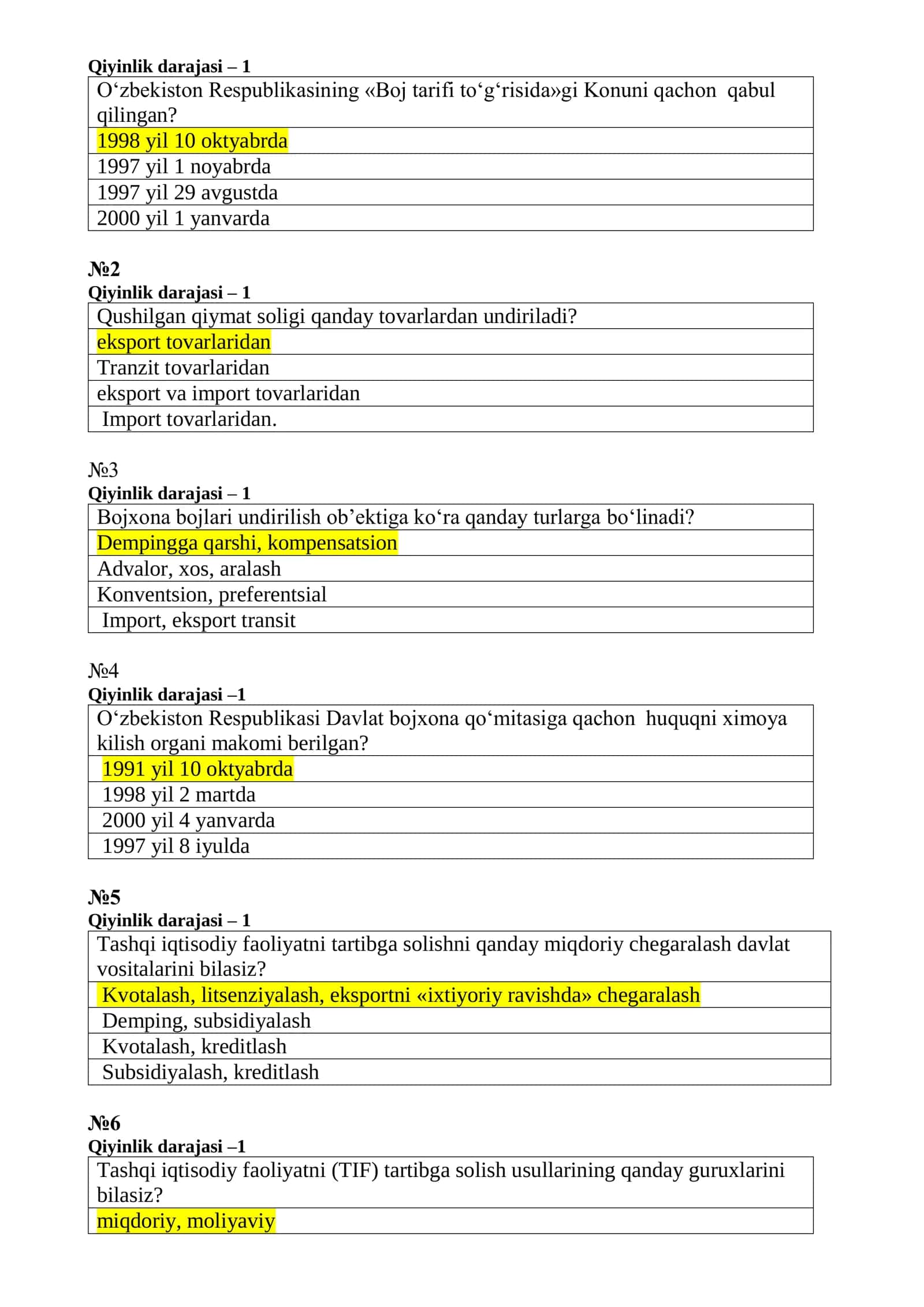 Bojxona qo'mitasiga ishga kirish uchun test savol javoblar toplami 3