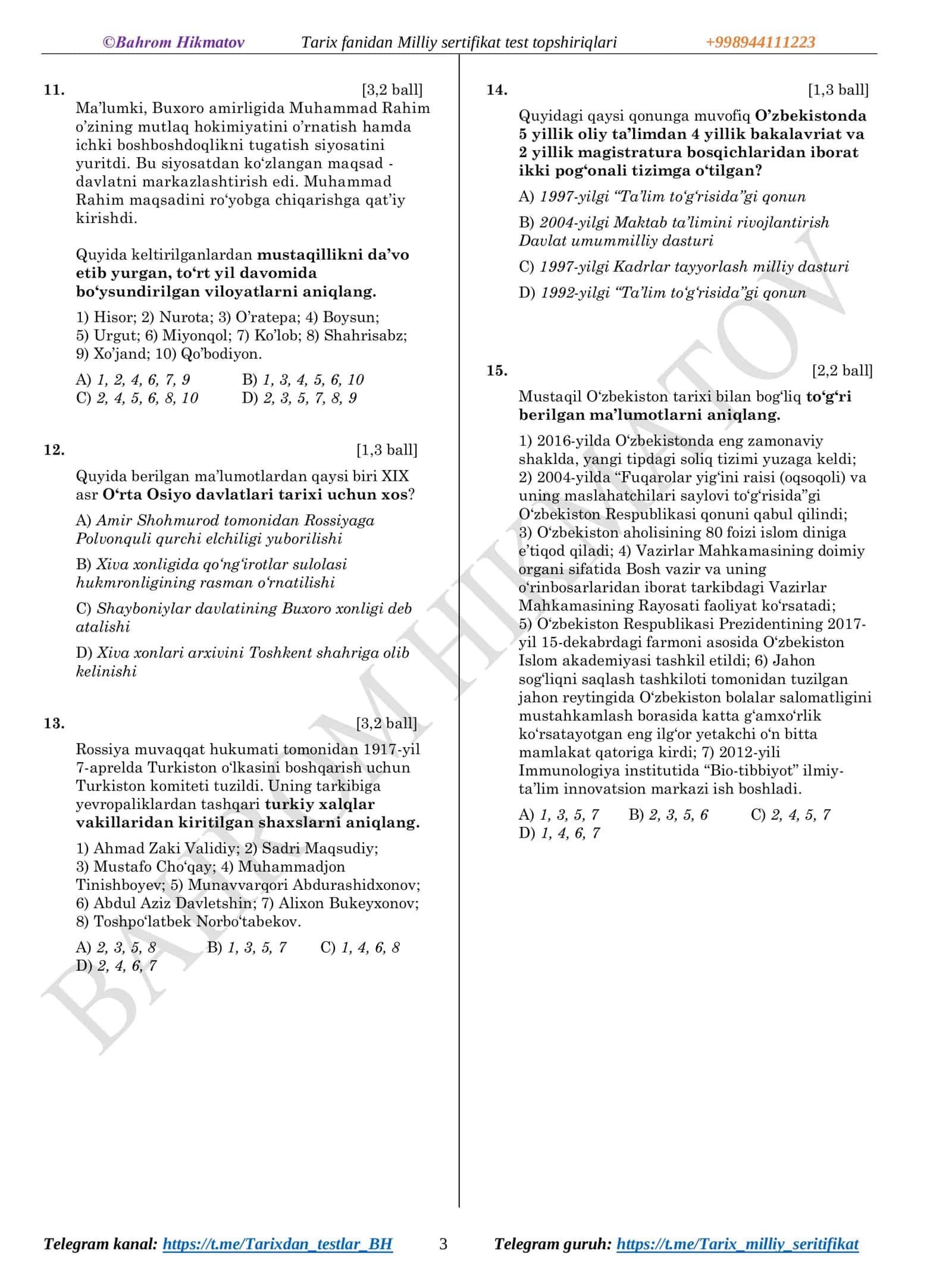 Milliy sertifikat test topshiriqlari 3