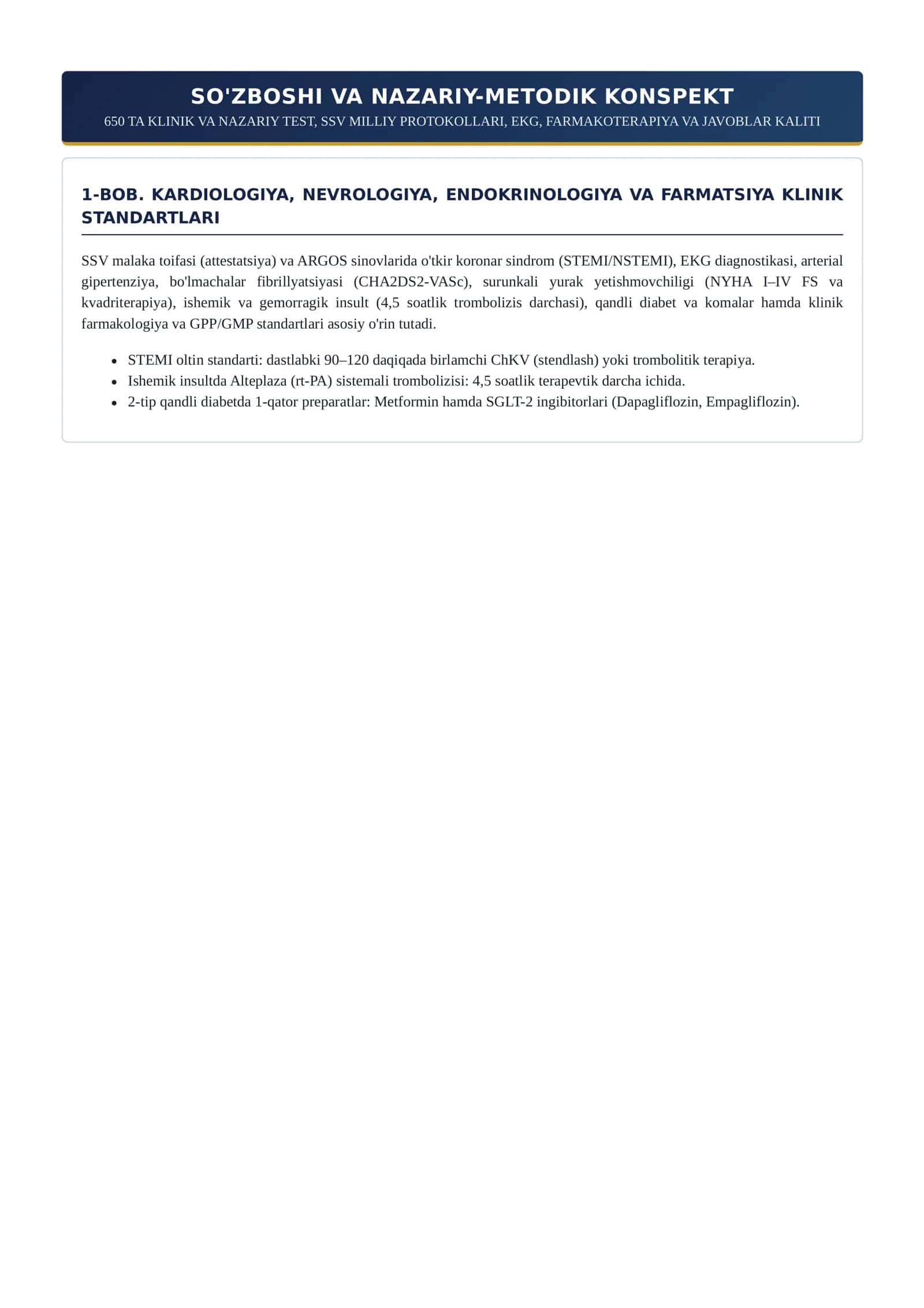 TIBBIYOT: KARDIOLOGIYA, NEVROLOGIYA, ENDOKRINOLOGIYA VA FARMATSIYA TOIFA ATTESTATSIYA TESTLARI 3