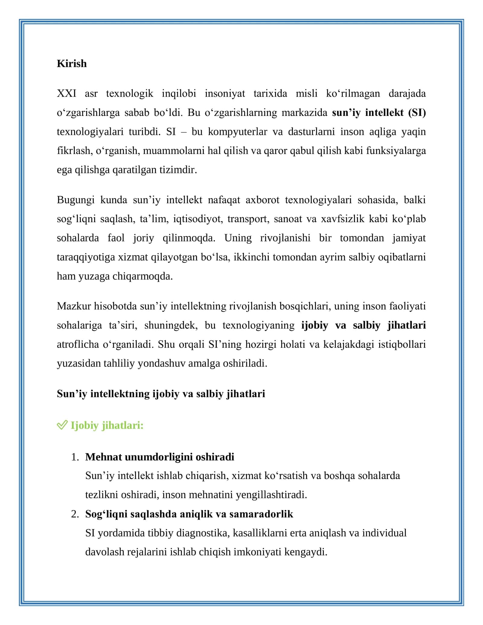 SUN’IY INTELLEKTNING RIVOJLANISHI: IJOBIY VA SALBIY JIHATLARINING AMALIY DIAGRAMMASI HAMDA HISOBOT 3