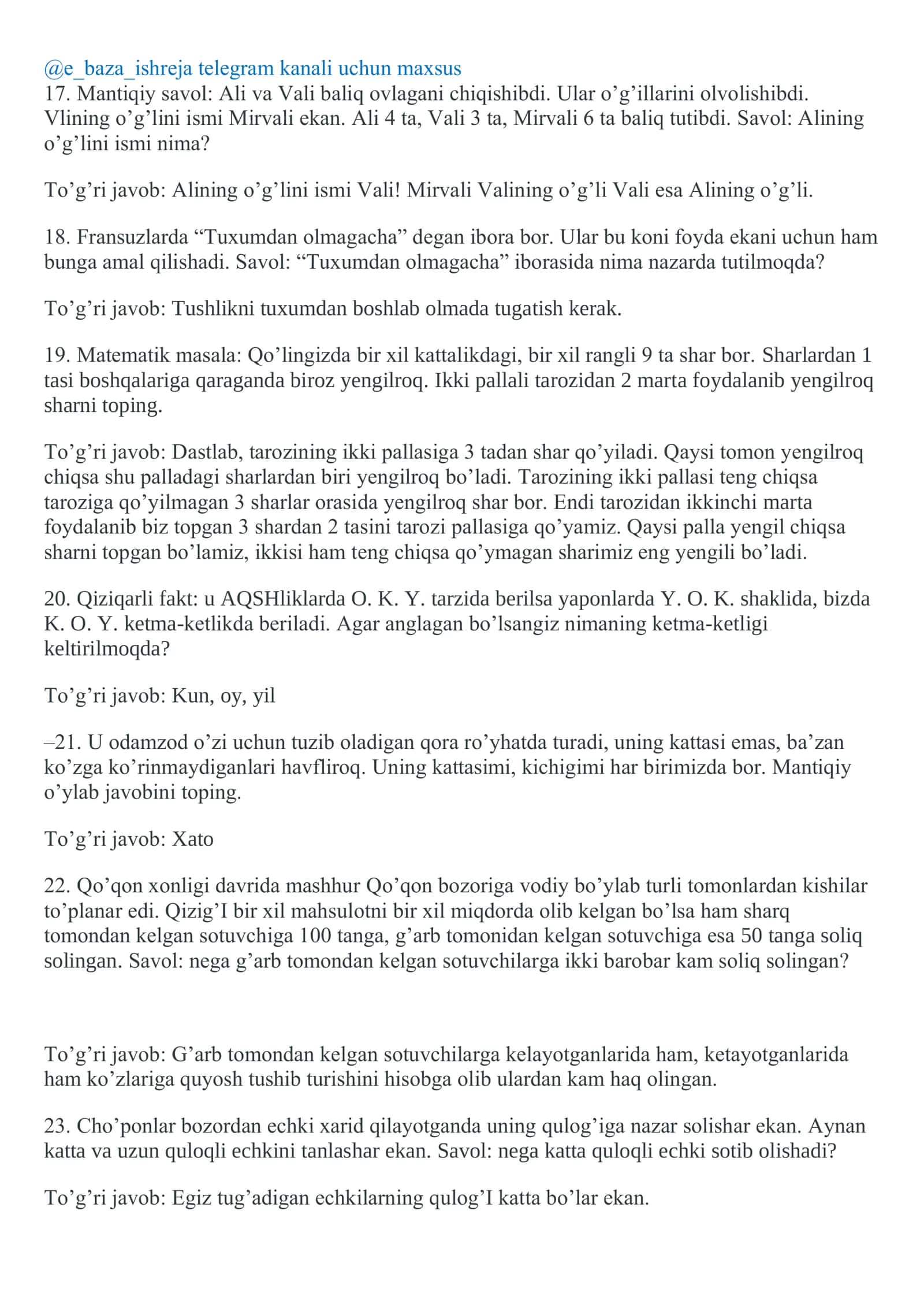 Mantiqiy savollar javoblari 3