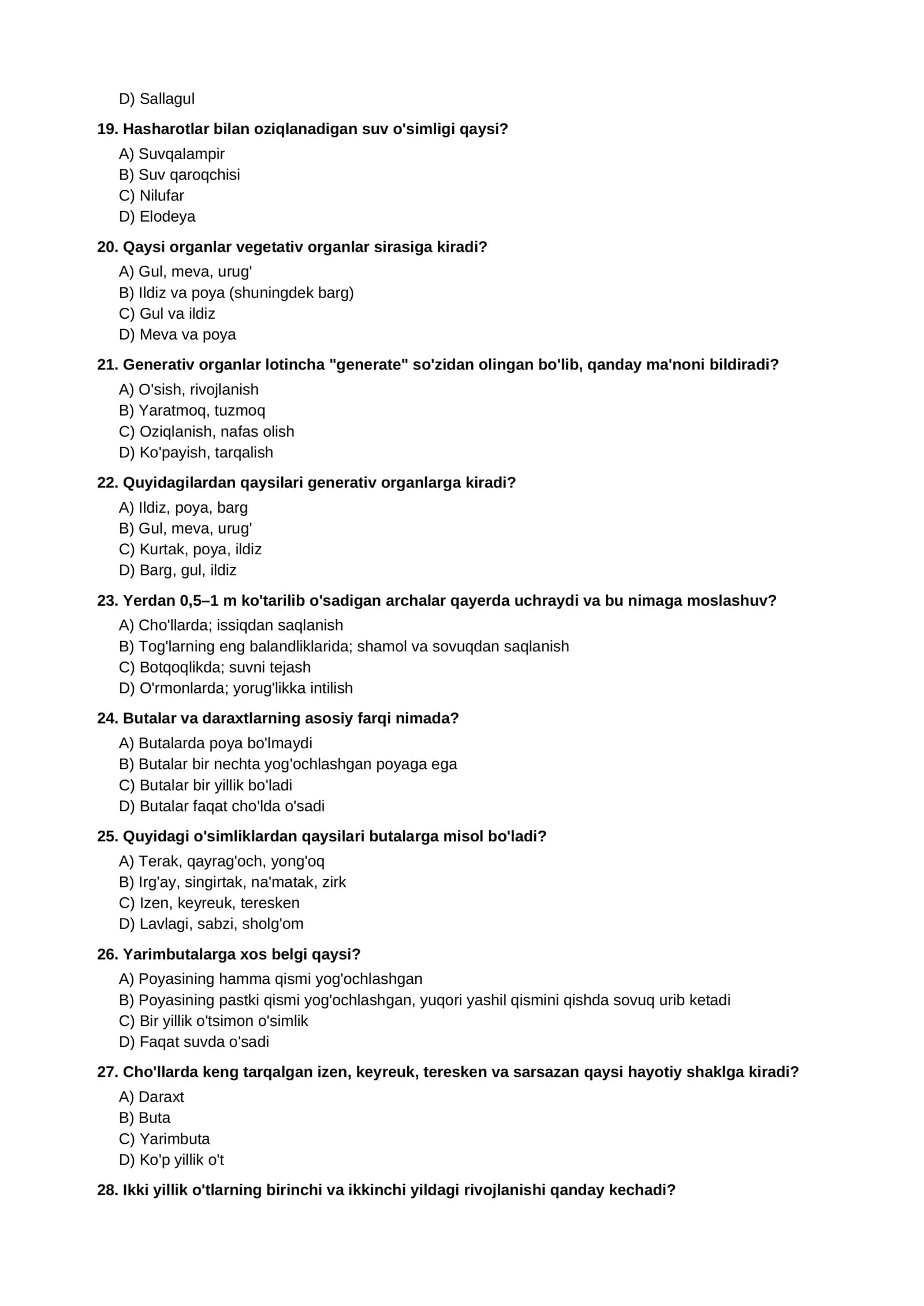 Biologiya (Botanika) 6-sinf — 100 ta test savollari 3