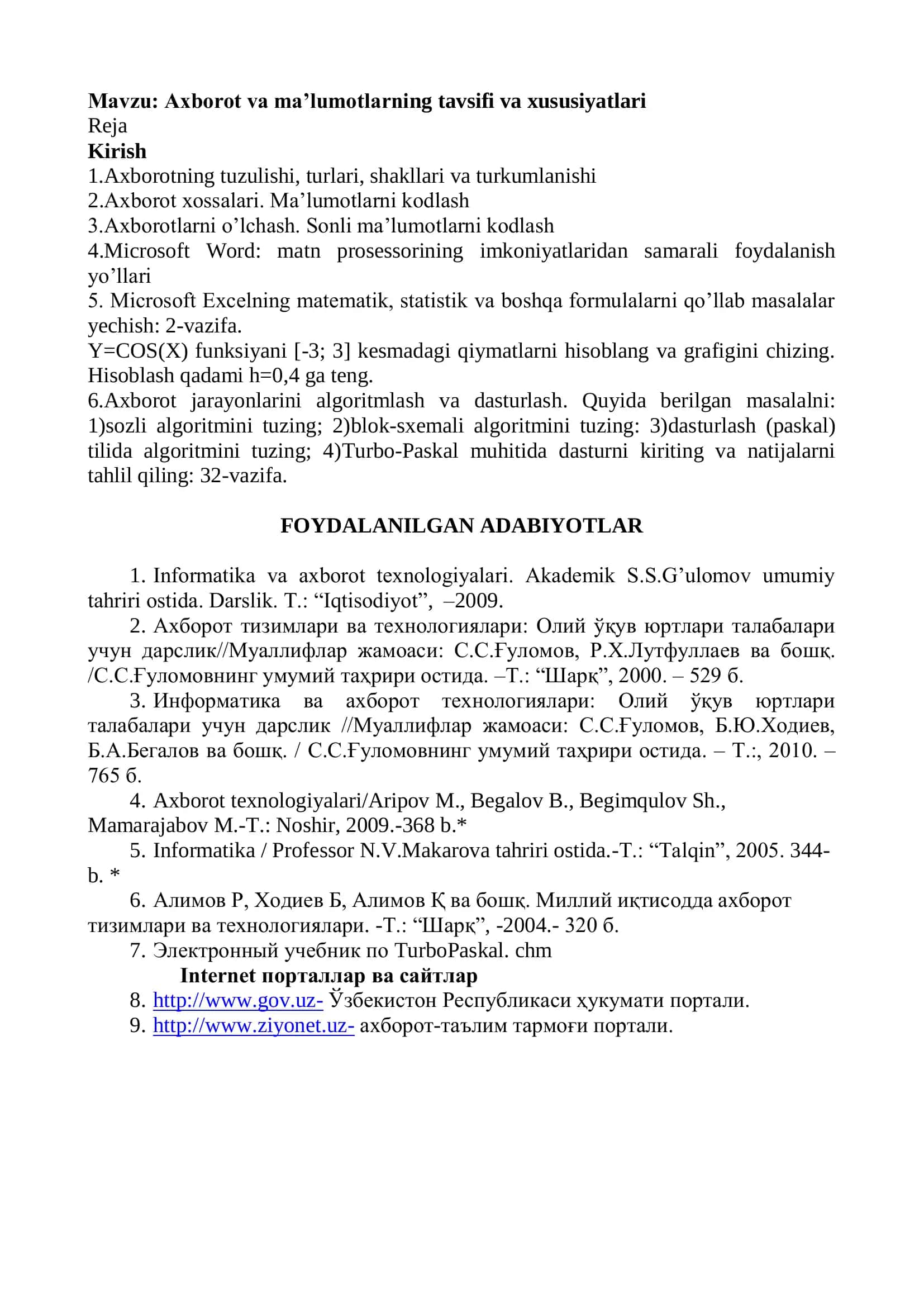 KURS IShI - Axborot va ma’lumotlarning tavsifi va xususiyatlari 3