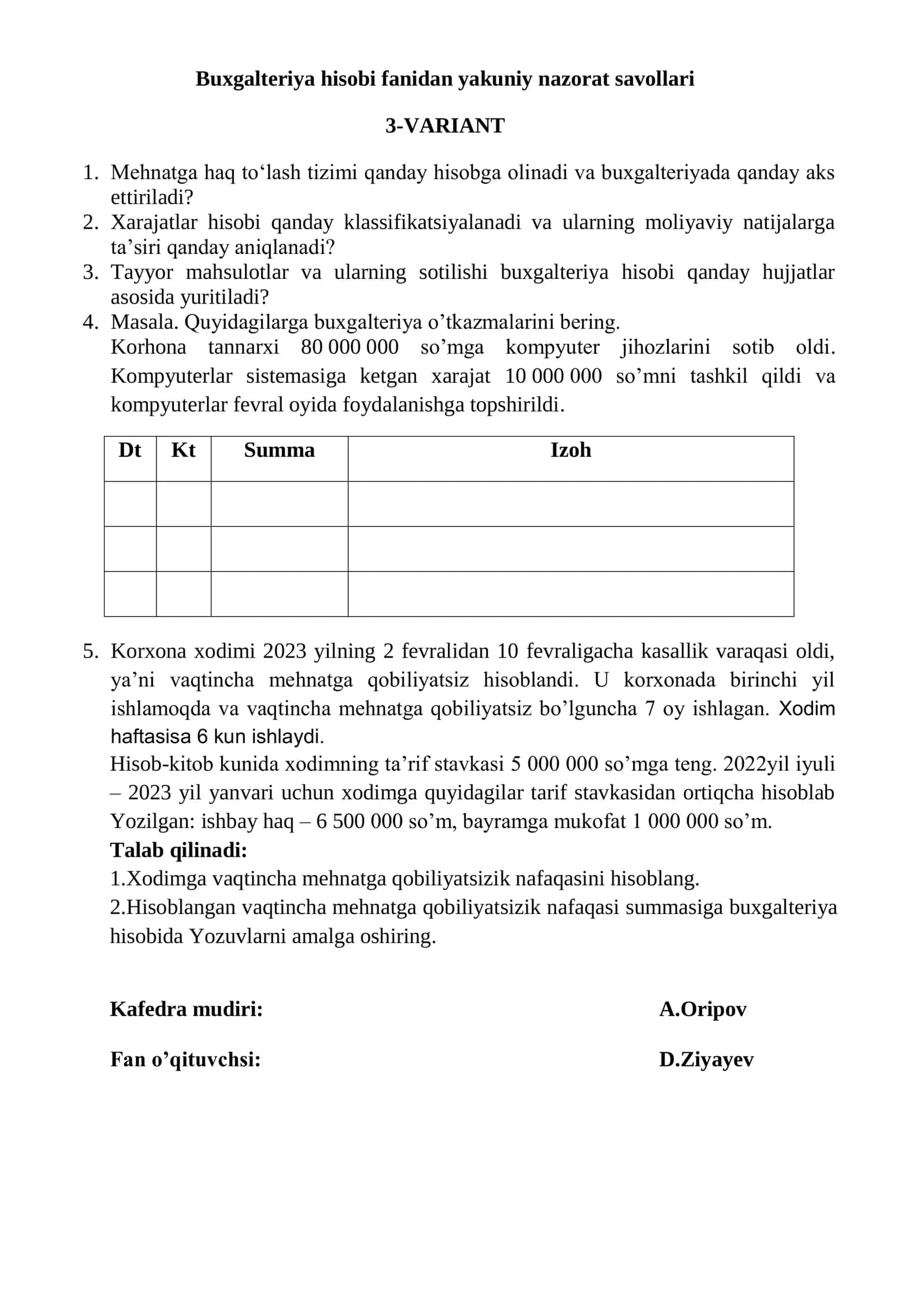 Moliya hisob fanidan yakuniy nazorat savollari 1-VARIANT 3