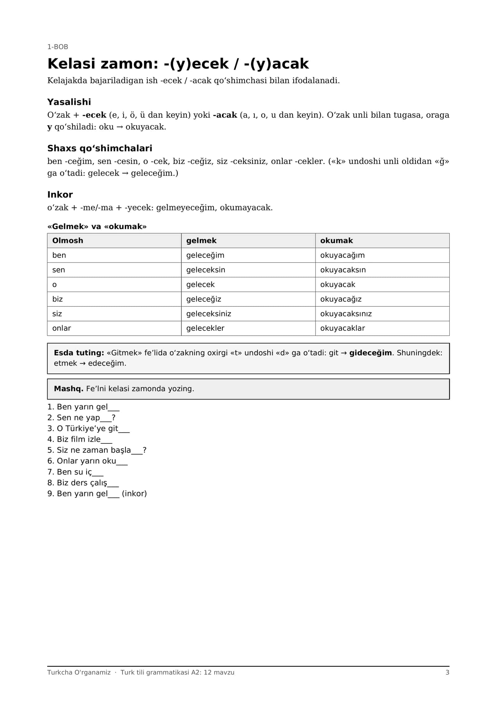 Turk tili grammatikasi A2: 12 mavzu, kelasi zamon, buyruq, qiyoslash + mashqlar (PDF) 3