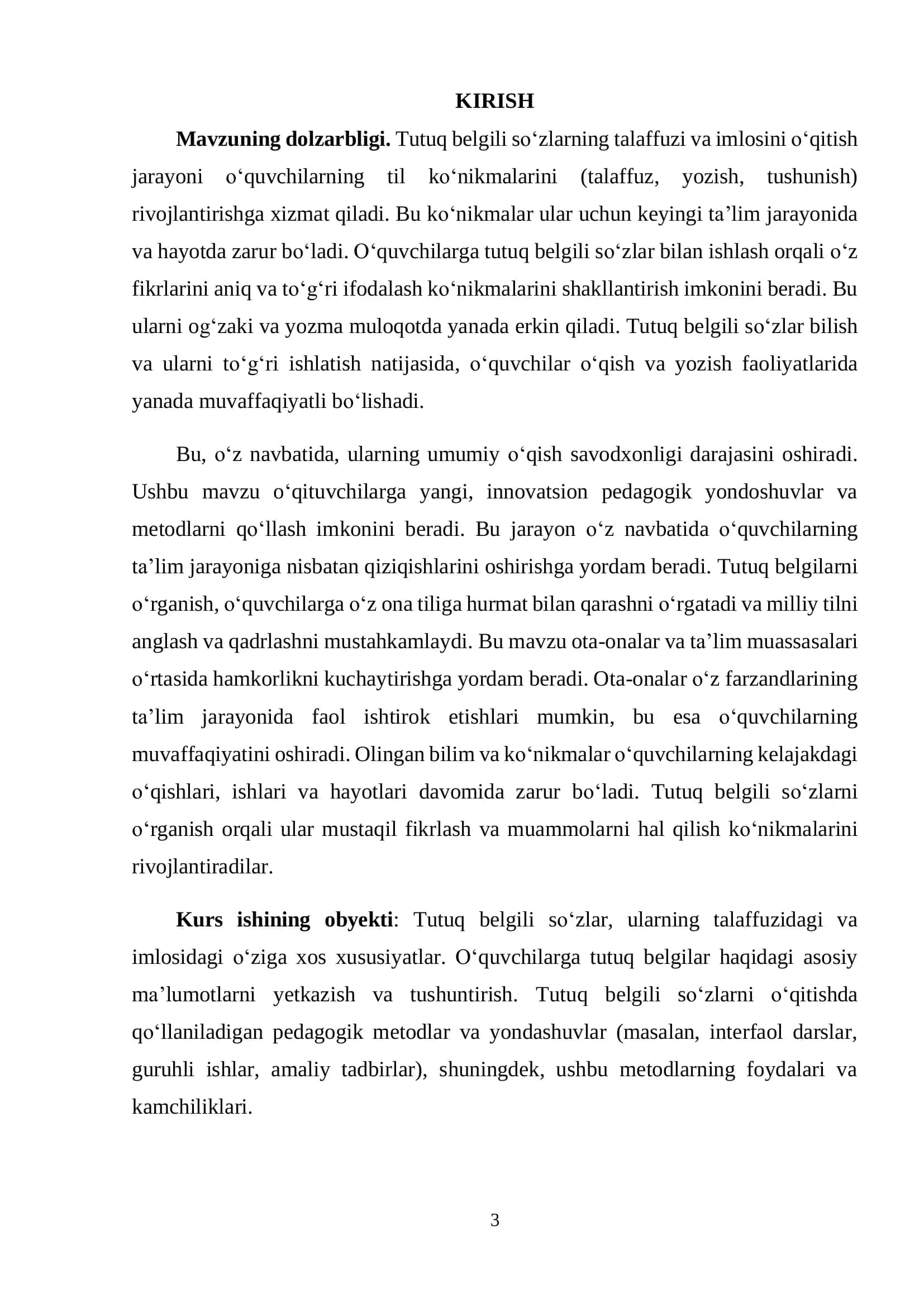 “Ona tili oʻqish savodxonligi va uni oʻqitish metodikasi” KURS ISHI 3