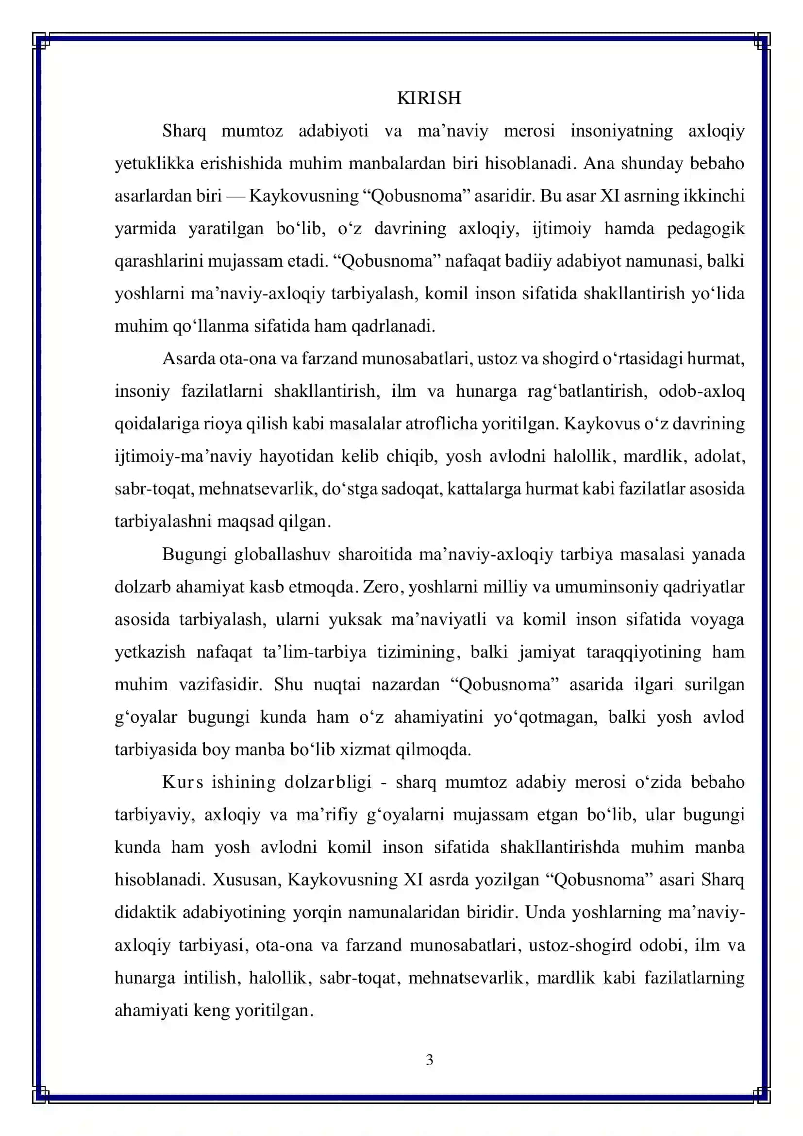 Kaykovusning "Qobusnoma" asarida ma'naviy-axloqiy tarbiya masalasi 3