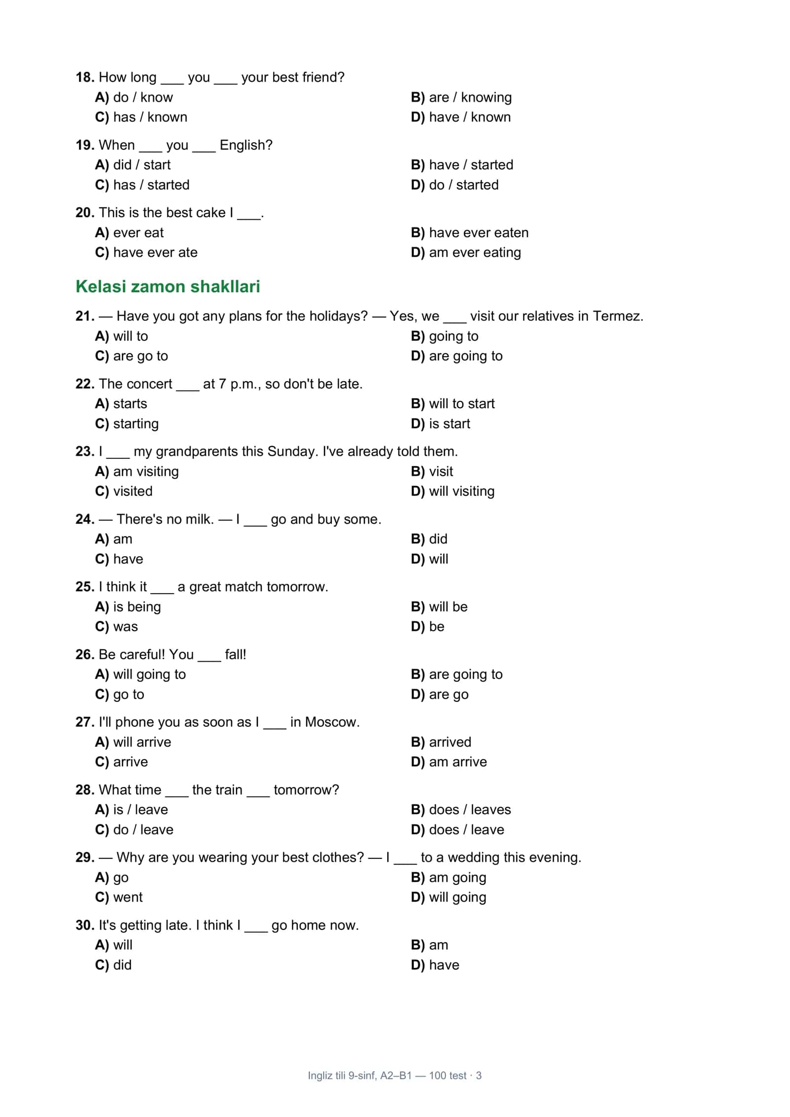 Ingliz tili 9-sinf, A2–B1 3
