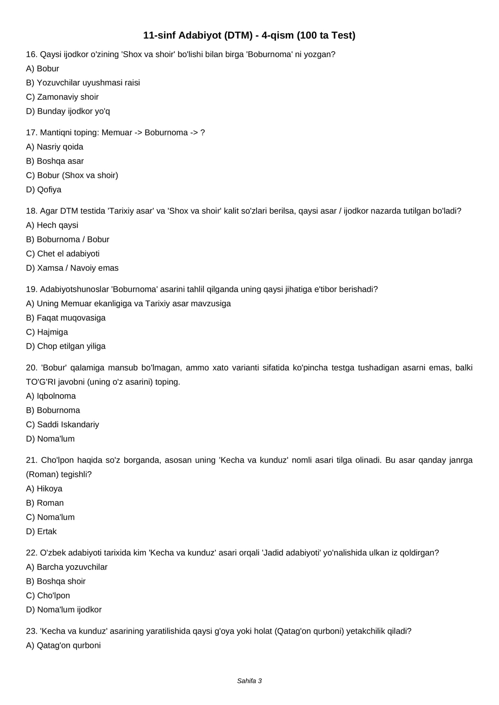 11-sinf Adabiyot (DTM) - 4-qism (100 ta Test) 3
