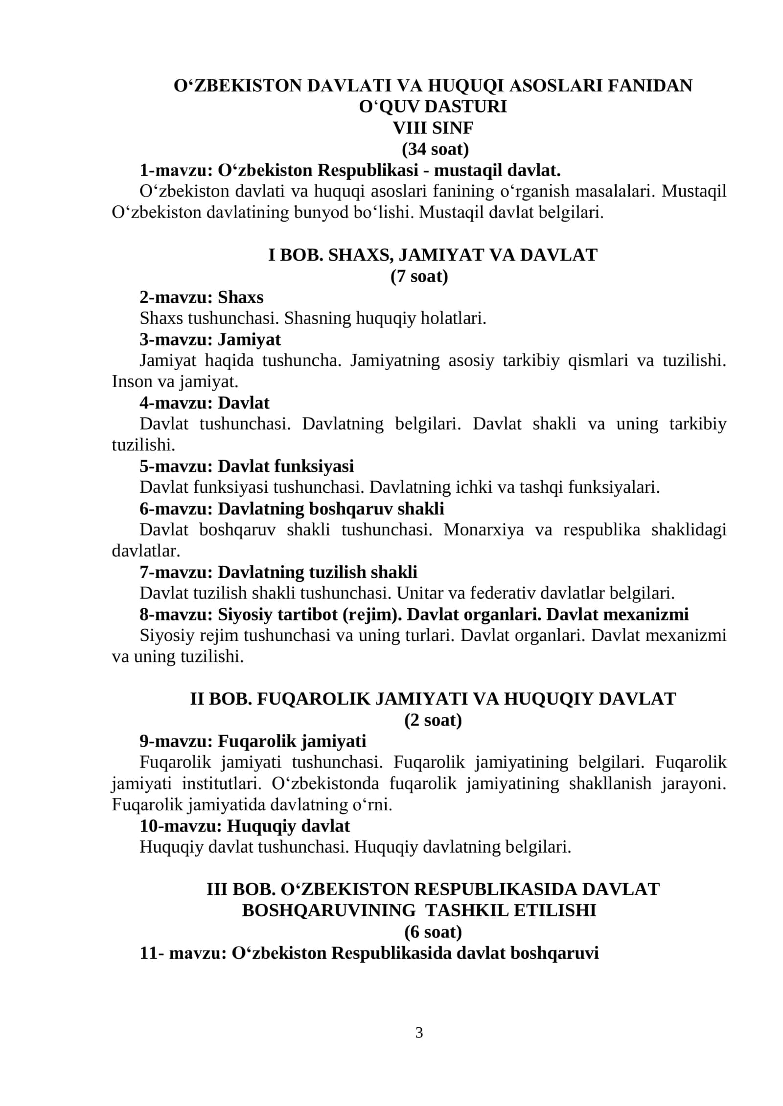 O‘ZBEKISTON DAVLATI VA HUQUQI ASOSLARI TUSHUNTIRISH XATI 3