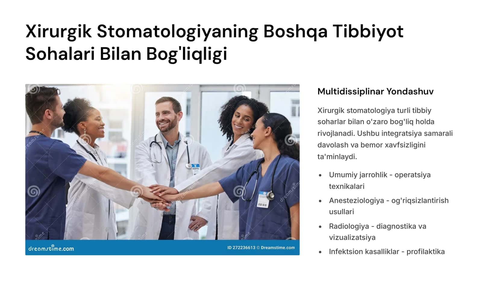 Xirurgik stomatologiya: Uni boshqa tibbiyot sohalari bilan bog’liqligi. O’zbekistonda xirurgik stomatologiyaning rivojlanish tarixi va unga hissa qo’shgan olimlar. Ambulator va statsionarxirurgik stomatologik yordamini tashkil qilish. Xirurgik stomatologiyada ishlatiladigan asbob uskunalar va xom ashyolar. Xirurgik stоmаtоlоgiyadа аsеptikа vа аntisеptikа qоidаlаri. Stоmаtоlоgik bo’limlаr vа kаbinеtlаrdа dеzinfеksiya vа stеrilizаsiyani tаshkil qilishgа tаlаblаr. 3