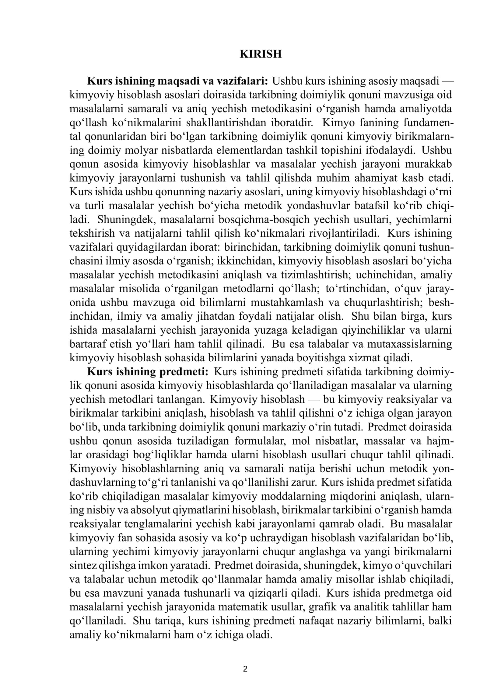 KIMYOVIY HISOBLASH ASOSLARI FANIDAN TAYYORLAGAN KURS ISHI 3