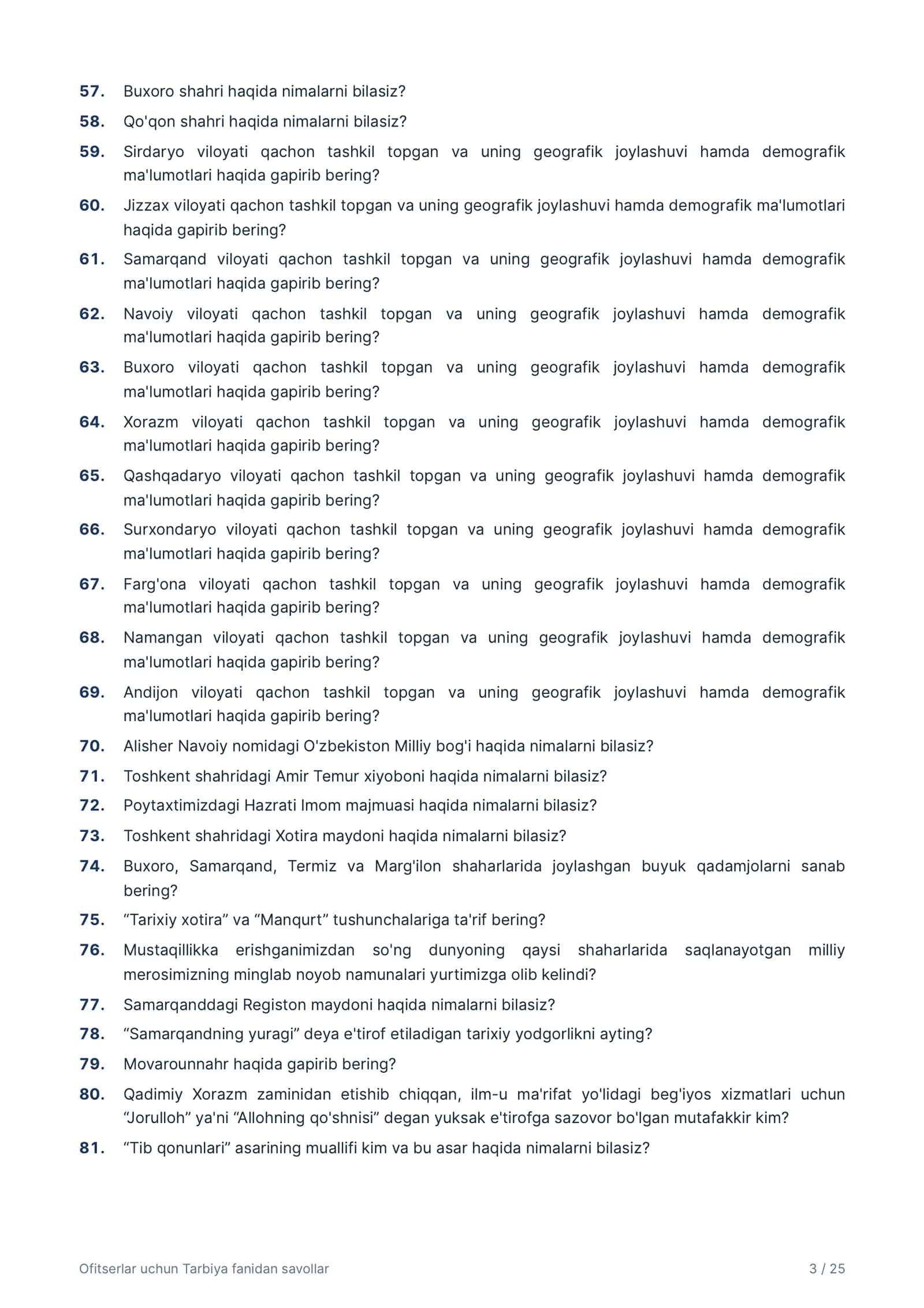 Ofitserlar uchun Tarbiya fanidan savollar 3