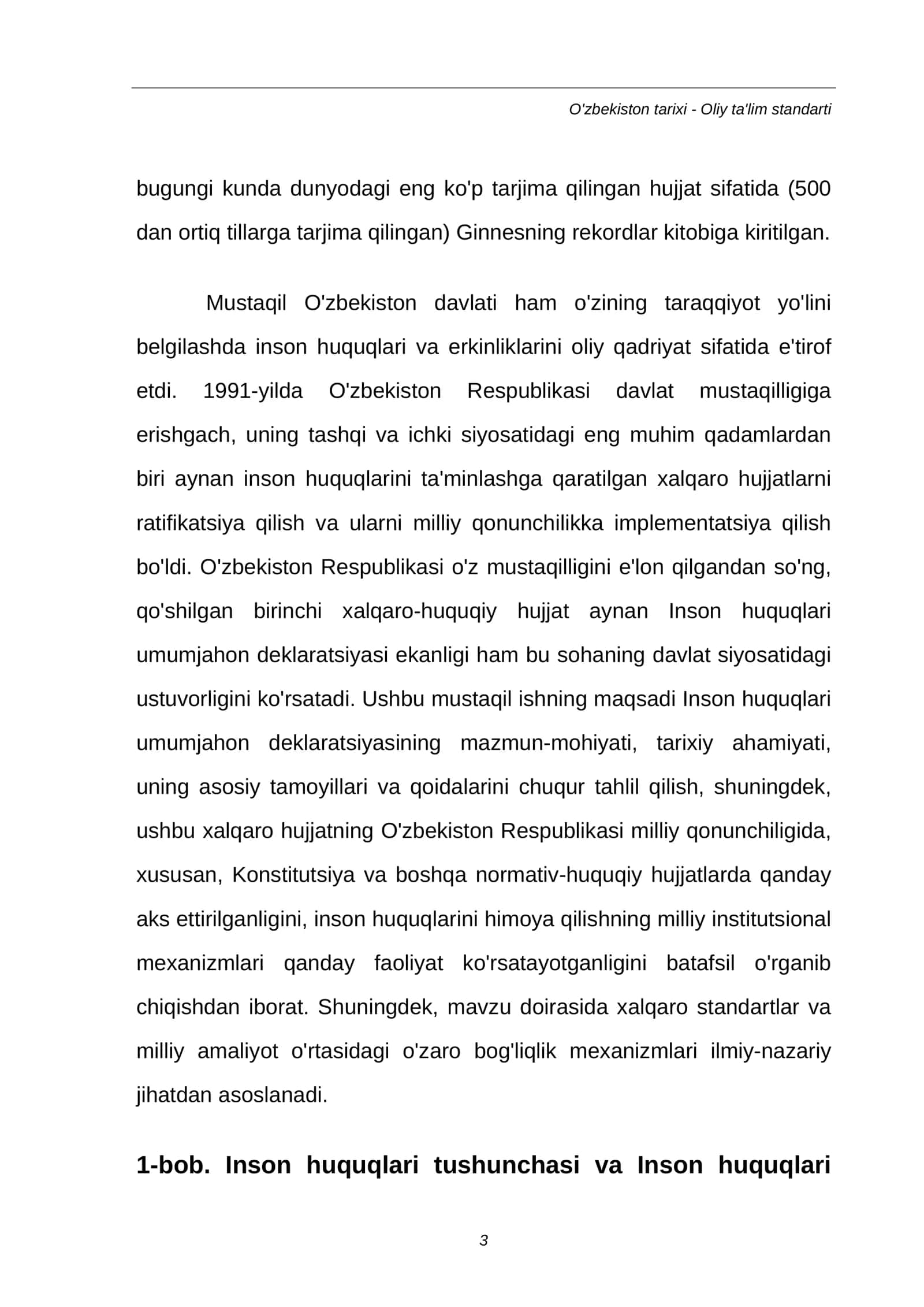 MUSTAQIL ISH: Inson huquqlari umumjahon deklaratsiyasi va milliy qonunchilik 3