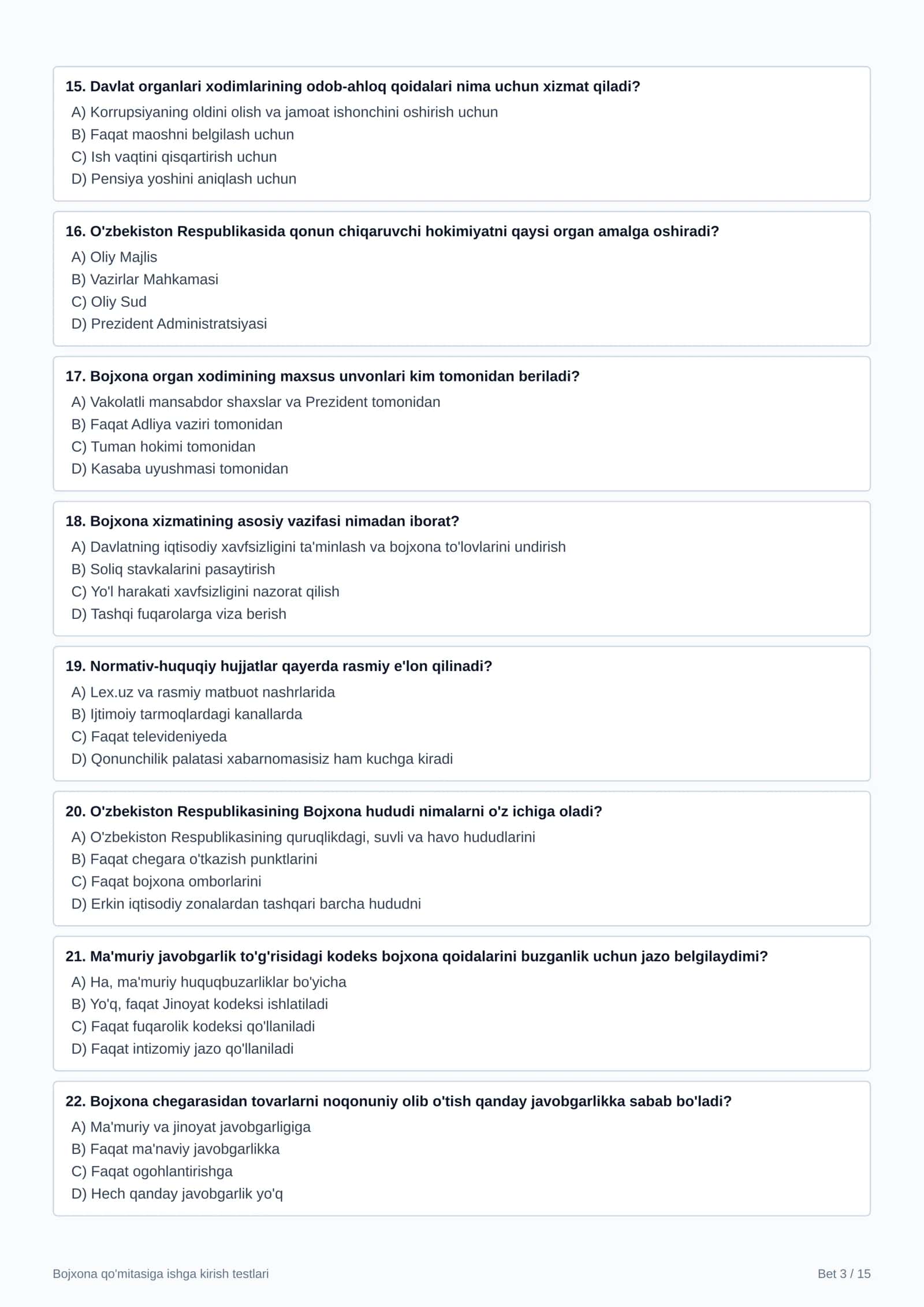 Bojxona xizmati organlariga kirish imtihonlari va suhbat uchun 100 ta test va javoblar 3