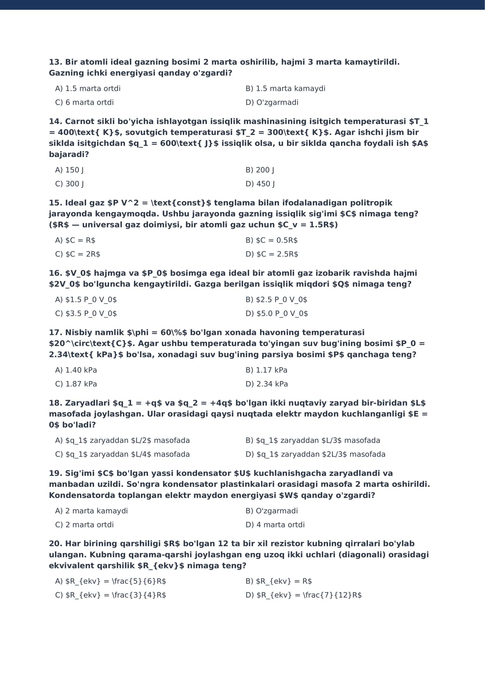 RESPUBLIKA FAN OLIMPIADASINING I BOSQICHI FIZIKA FANIDAN TEST TOPSHIRIQLARI VA YECHIMLARI 3