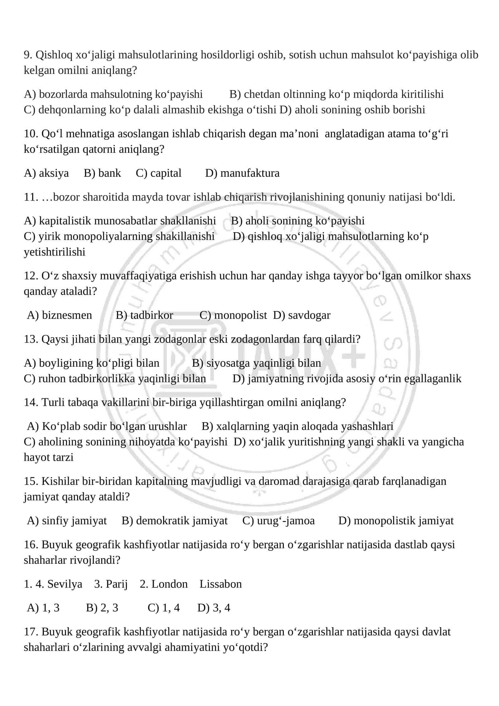9 - sinf Jahon tarixi test 3