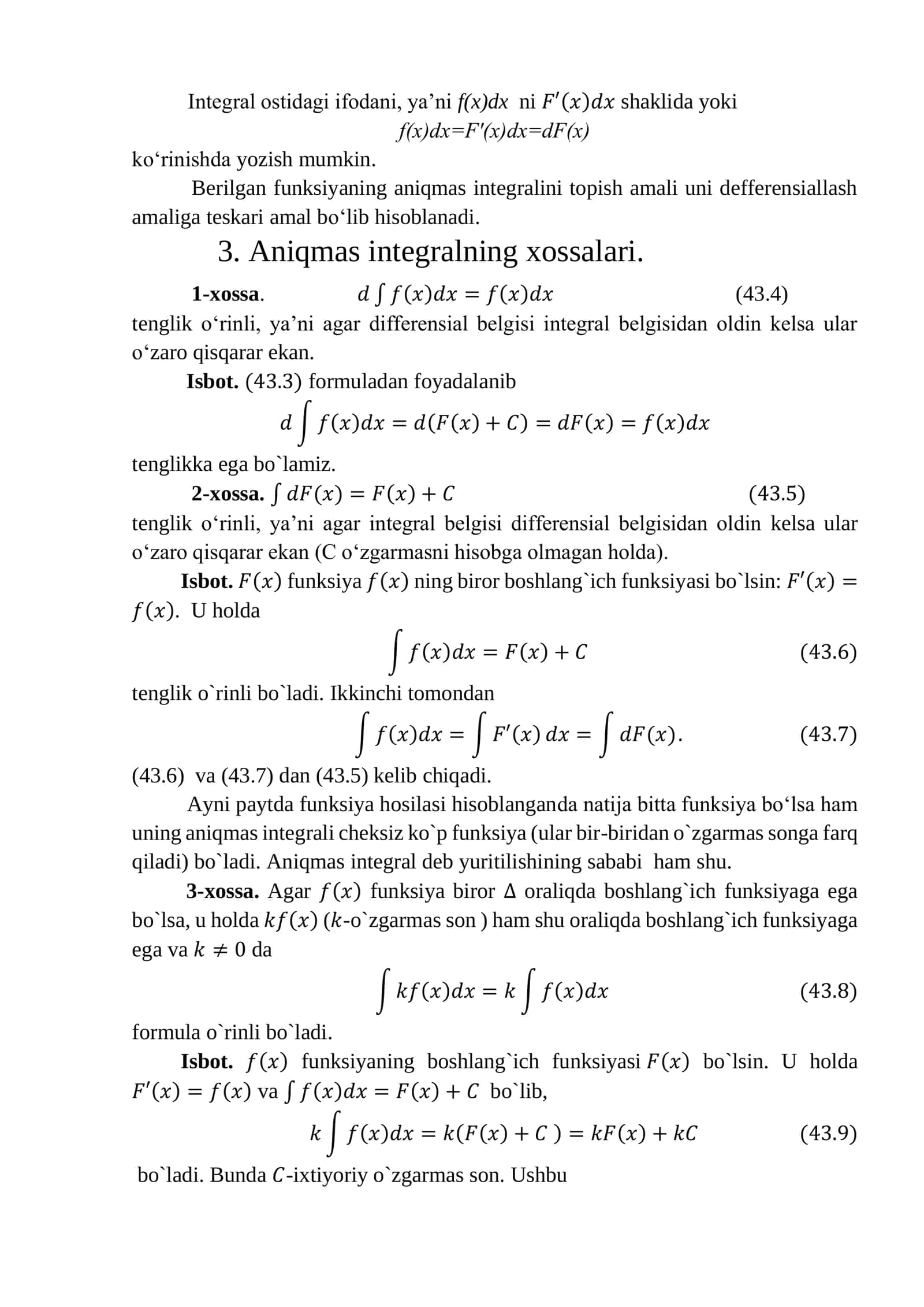 Aniqmas integralning ta'rifi, asosiy xossalari va integrallash jadvali 3