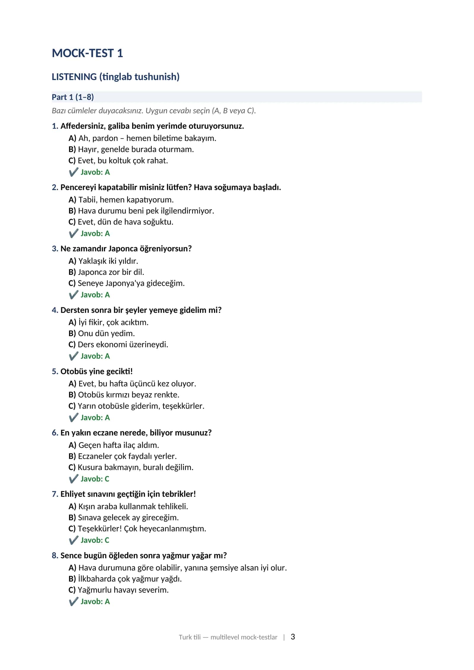 TURK TILI (TÜRKÇE) Multilevel (CEFR) milliy sertifikat imtihoniga tayyorgarlik: mock-testlar to'plami (2025–2026) 3